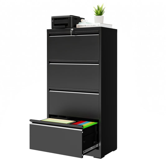 VIYET 4 Drawer Lateral File Cabinet with Lock, Metal Filing Cabinet for Home Office, Steel File Cabinet Fits Letter, Legal, A4 & F4 Hanging Files, Black