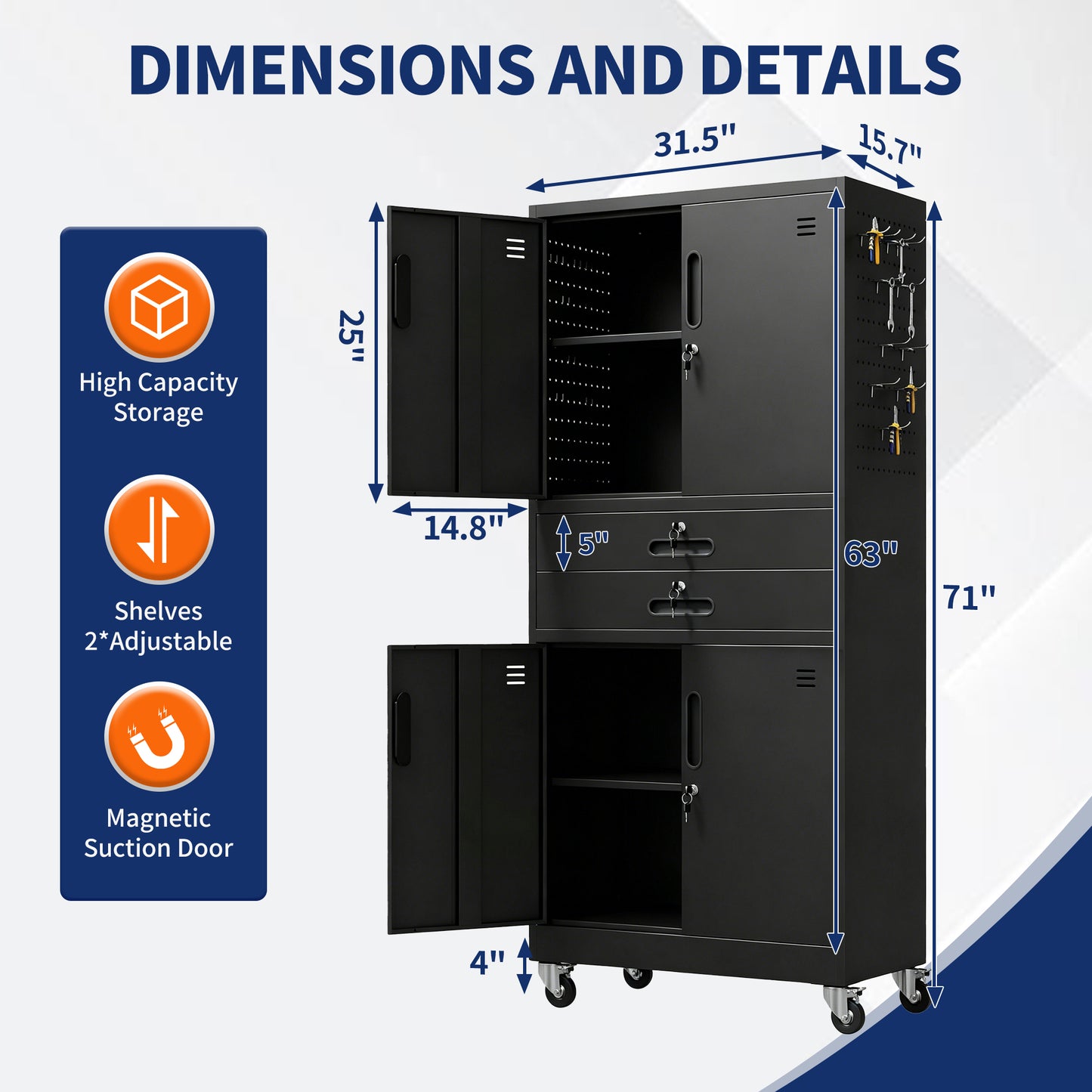 VIYET 71" Metal Garage Storage Cabinet with Drawers, Locking Doors, Pegboard, Wheels & Adjustable Shelves for Workshop Utility Room