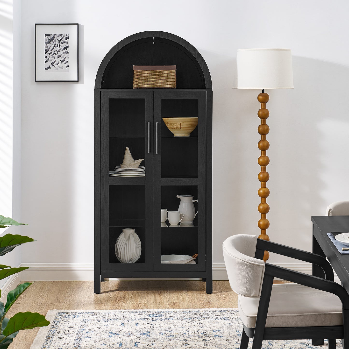 VIYET 67" Arched Storage Cabinet - LED Lamp, black MDF, Adjustable Glass Partitions