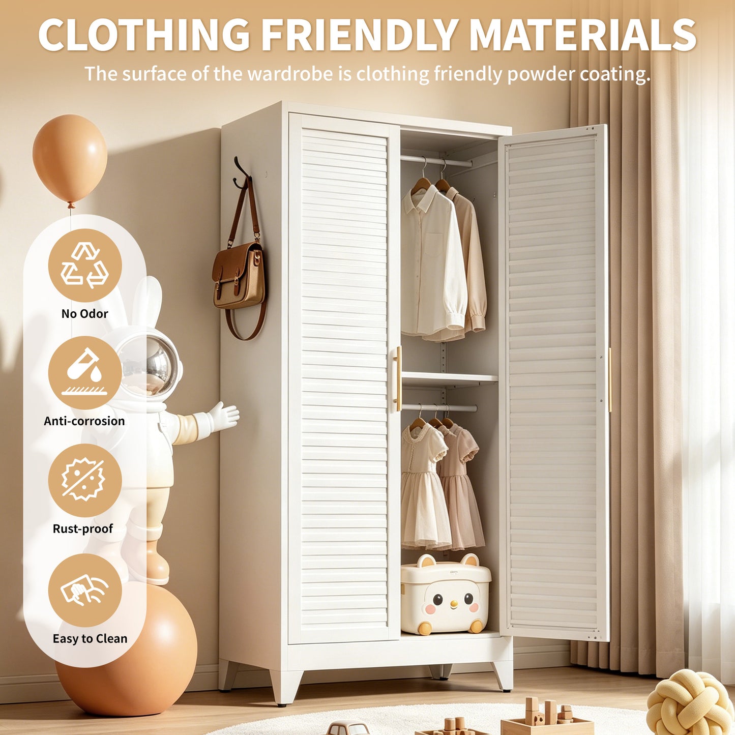 VIYET 71" Metal Wardrobe Closet with Adjustable Hanging Rod, Louvered Doors, Side Hooks & Shelves, Heavy Duty Clothing Storage Cabinet for Bedroom, Laundry Room, White