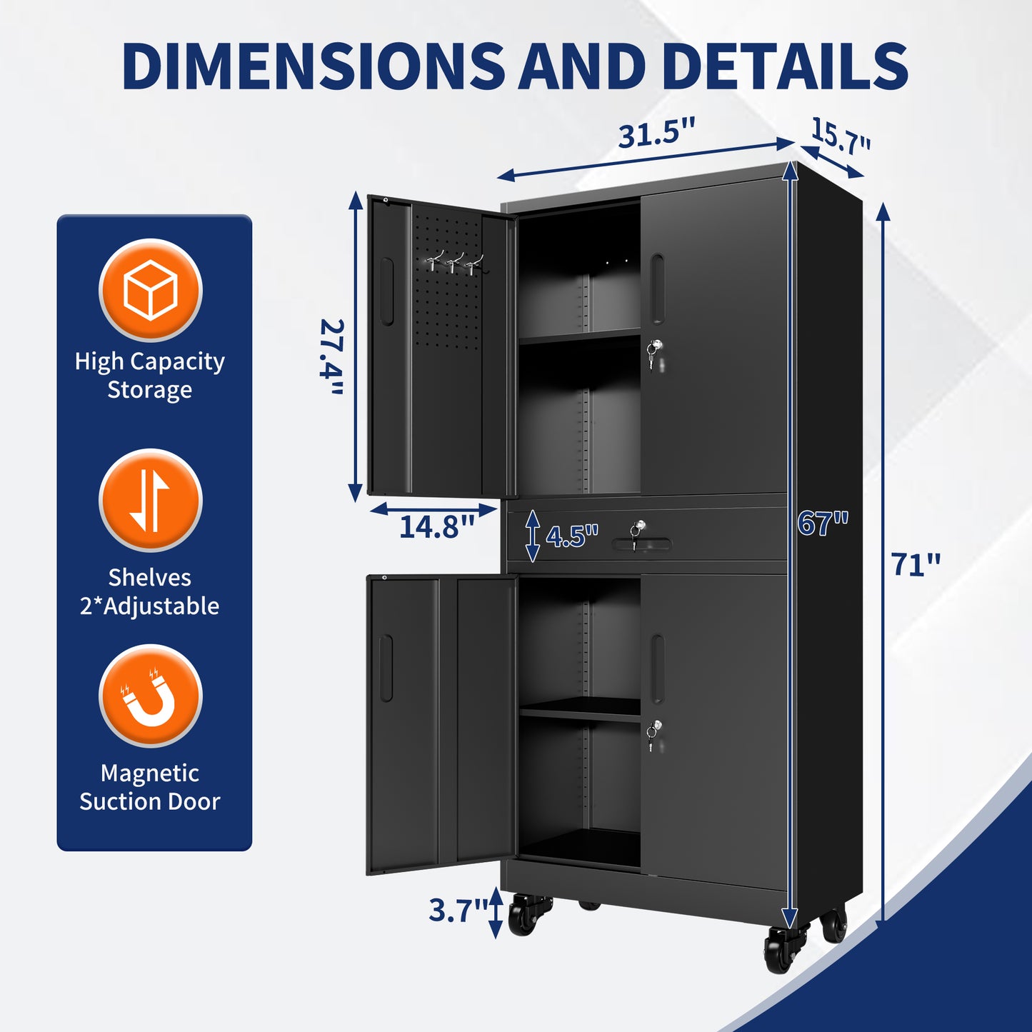 VIYET 71" Metal Garage Storage Cabinet with Drawer, Lockable Doors, Adjustable Shelves, Pegboard & Rolling Wheels for Home Office Utility