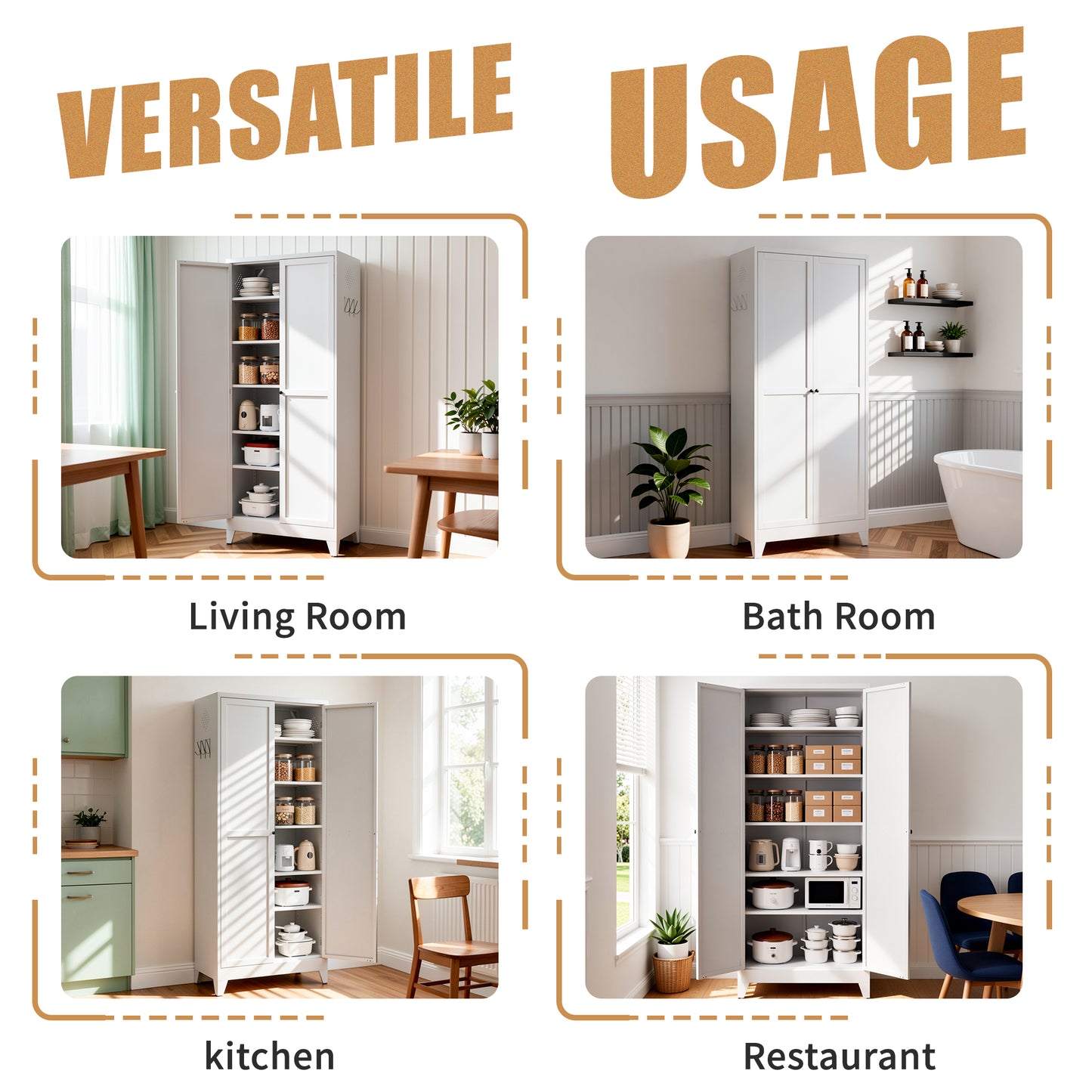 VIYET 75" Metal Kitchen Pantry Cabinet, Tall Freestanding Storage Cabinet with 5 Adjustable Shelves, Steel Organizer for Kitchen, Dining Room, White