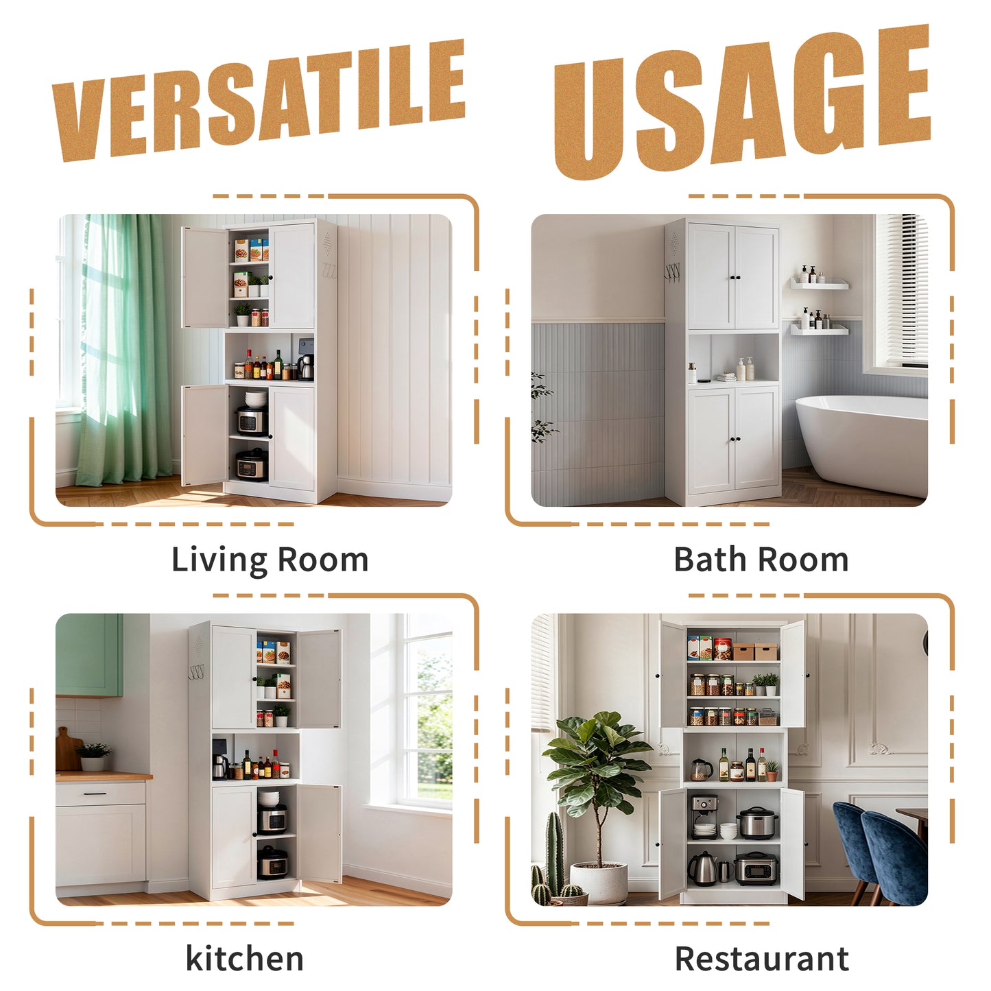 VIYET 72" Kitchen Pantry Cabinet with Large Countertop, Adjustable Shelves & Hooks, White Metal Coffee Bar Storage Cabinet for Kitchen & Dining Room
