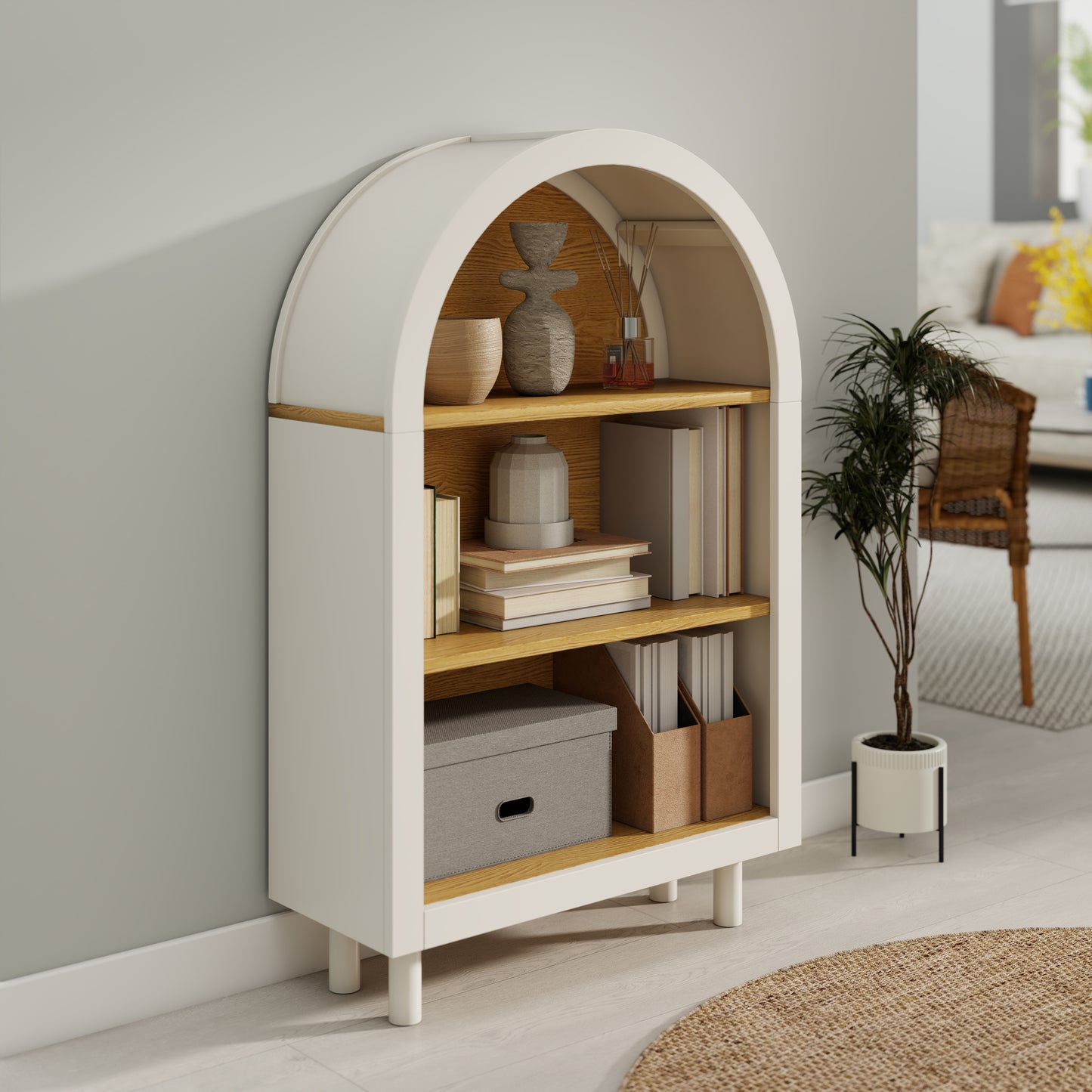 VIYET 3-Tier Arched Top Small Bookcase, White & Oak Woodgrain Modern Storage Cabinet, Engineered Wood Open Shelf for Living Room Bedroom Entryway