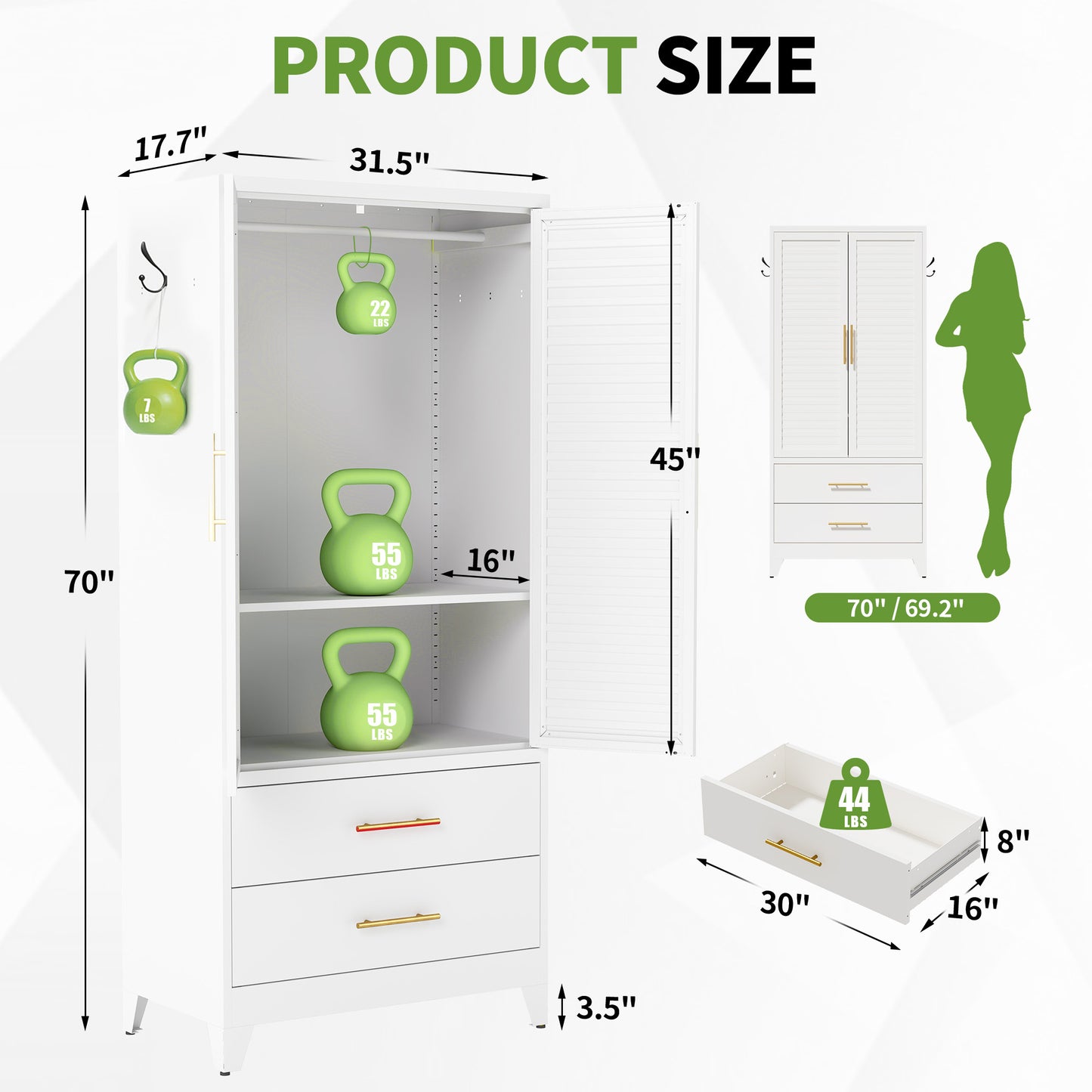 VIYET 71" Metal Wardrobe Closet with 2 Doors & 2 Drawers, Freestanding Steel Storage Cabinet with Hanging Rod & Adjustable Shelf