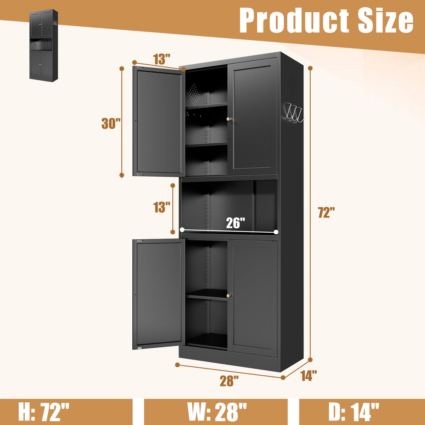VIYET 72" Black Metal Kitchen Pantry Cabinet with Large Countertop, Adjustable Shelves & Hooks, Freestanding Coffee Bar Storage Cabinet