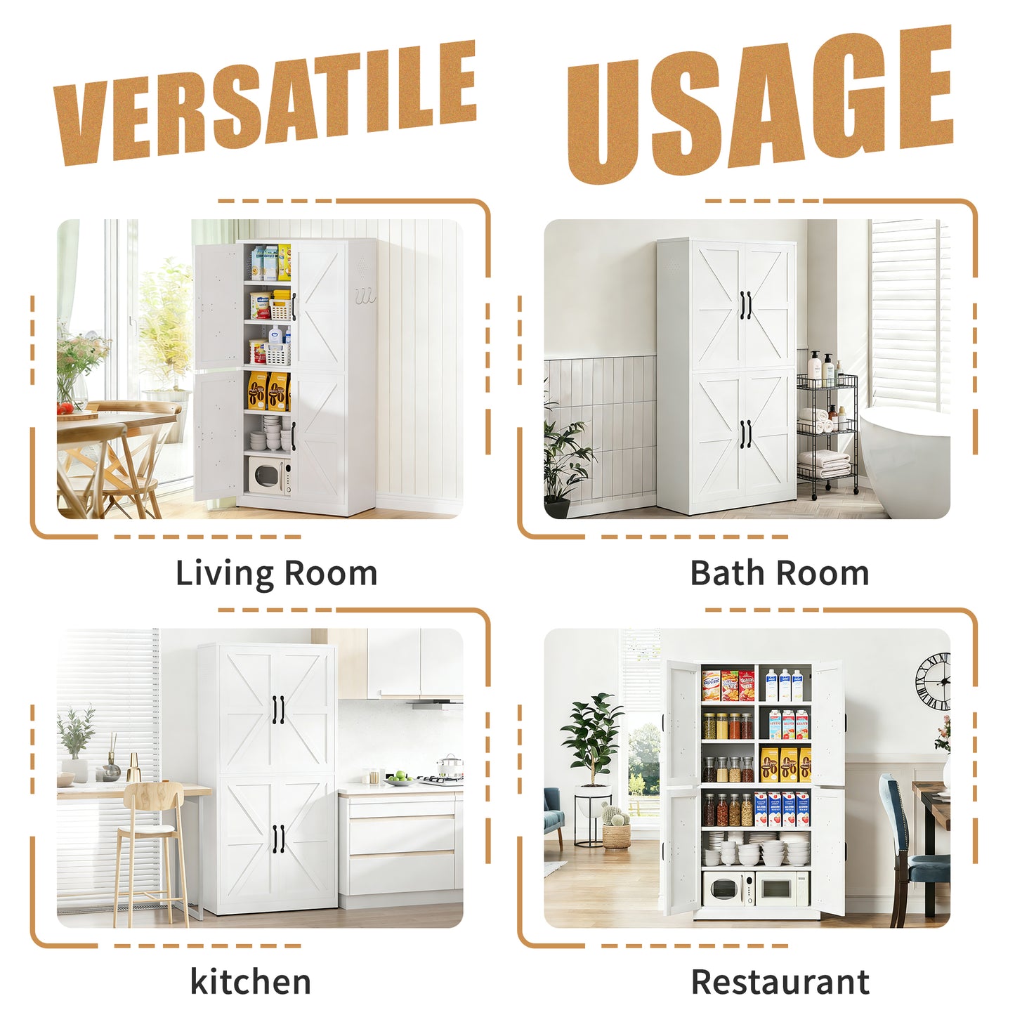 VIYET 64"H Heavy-Duty White Steel Pantry Cabinet,55LBS/Shelf Adjustable Shelves+Magnetic Door,for Kitchen/Bathroom/Living Room