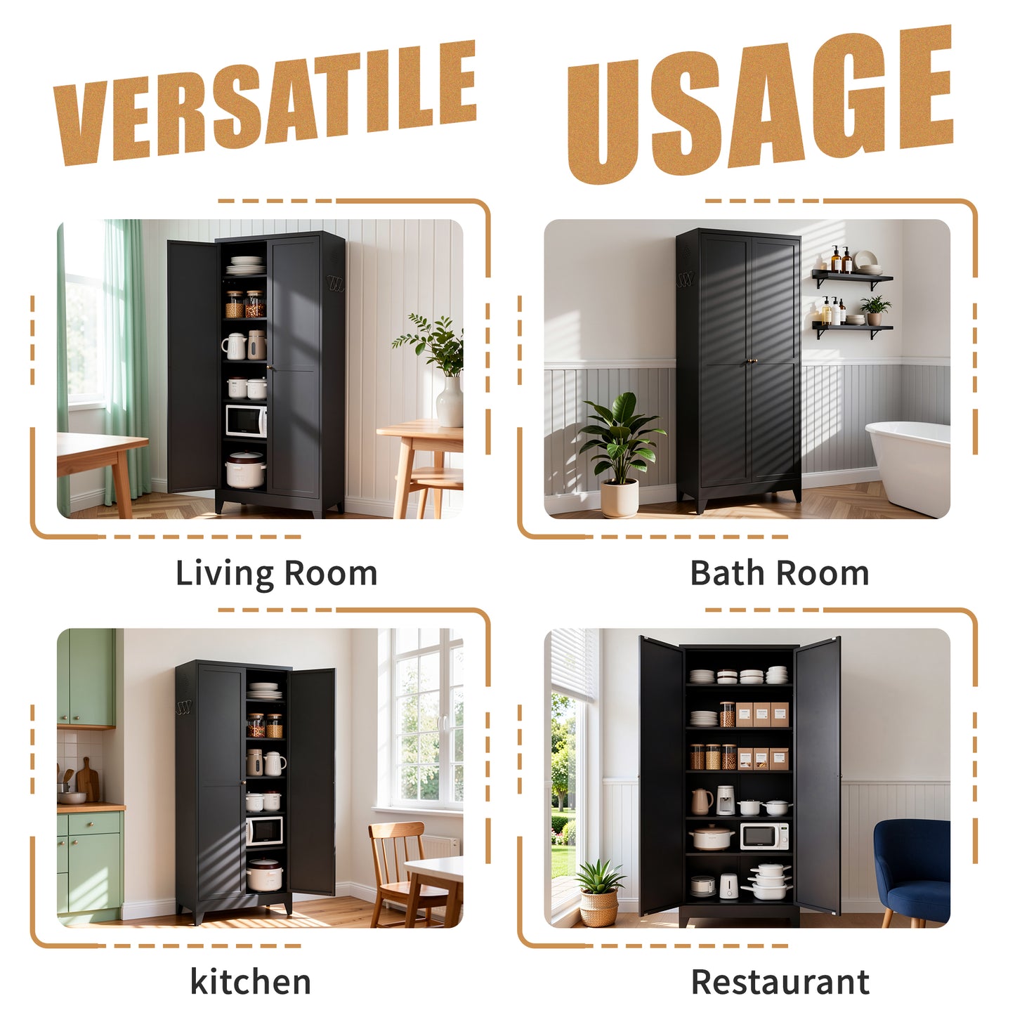 VIYET 75" Metal Kitchen Pantry Cabinet, Tall Freestanding Storage Cabinet with 5 Adjustable Shelves, Heavy Duty Steel Organizer for Kitchen, Dining Room, Black
