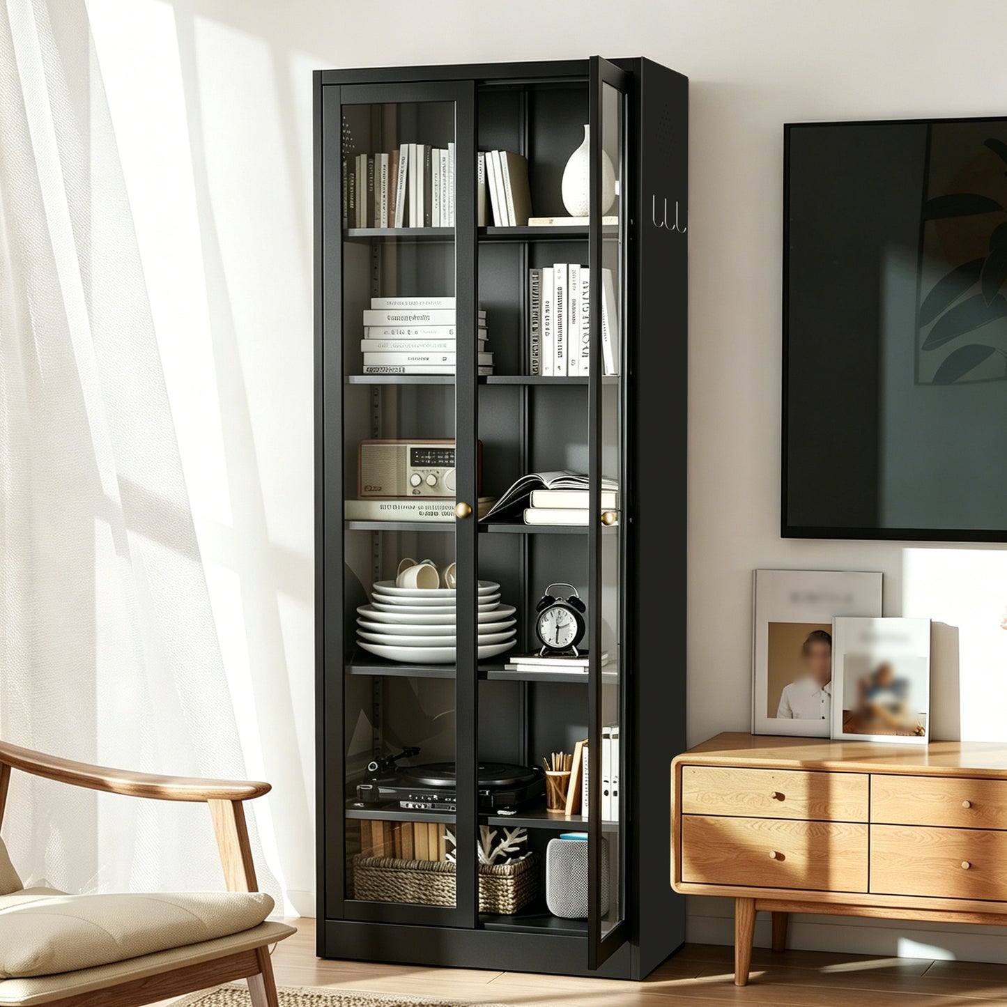 VIYET Metal Pantry Cabinet, 72" Tall Kitchen Storage Cabinet with Glass Doors and 5 Adjustable Shelves, Freestanding Steel Utility Cabinet for Kitchen, Bathroom, Pantry, Black