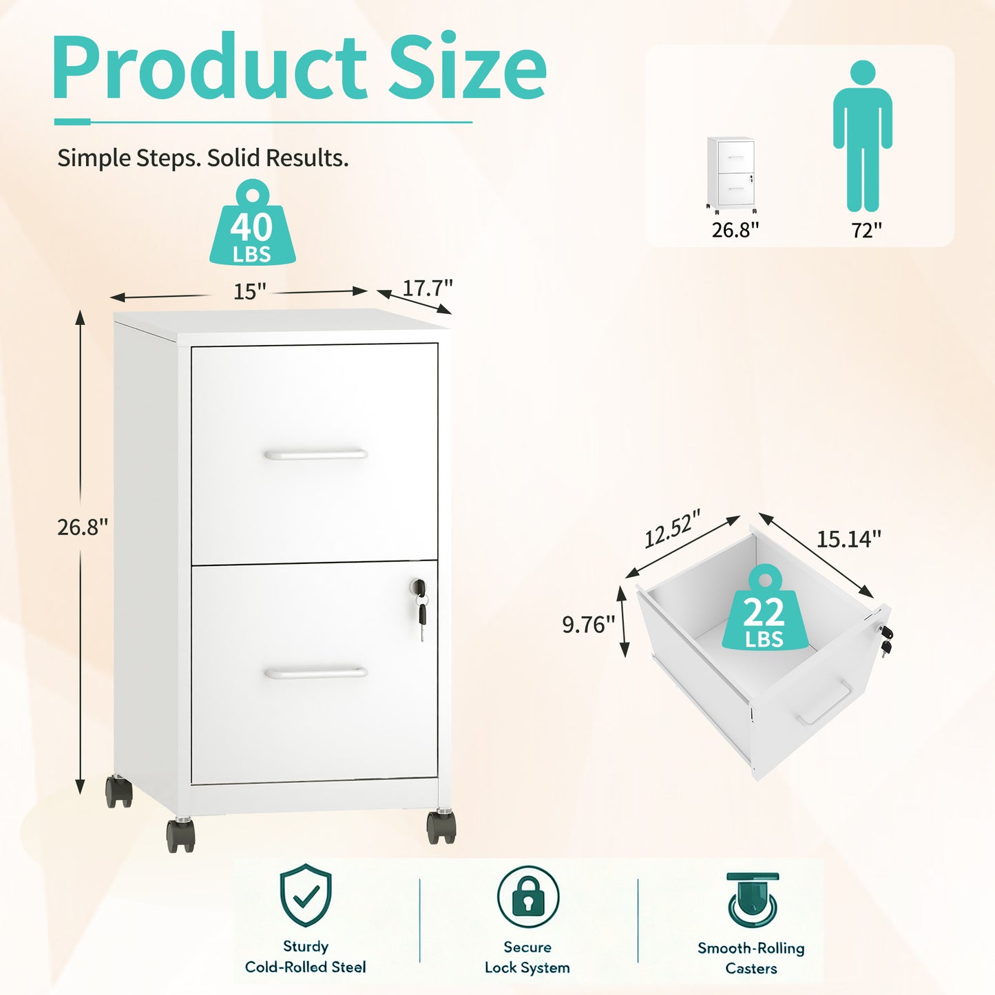 VIYET 25"H 2-Drawer Mobile Lockable File Cabinet with Wheels, Metal Under Desk Rolling Cabinet Fits Letter/Legal/A4
