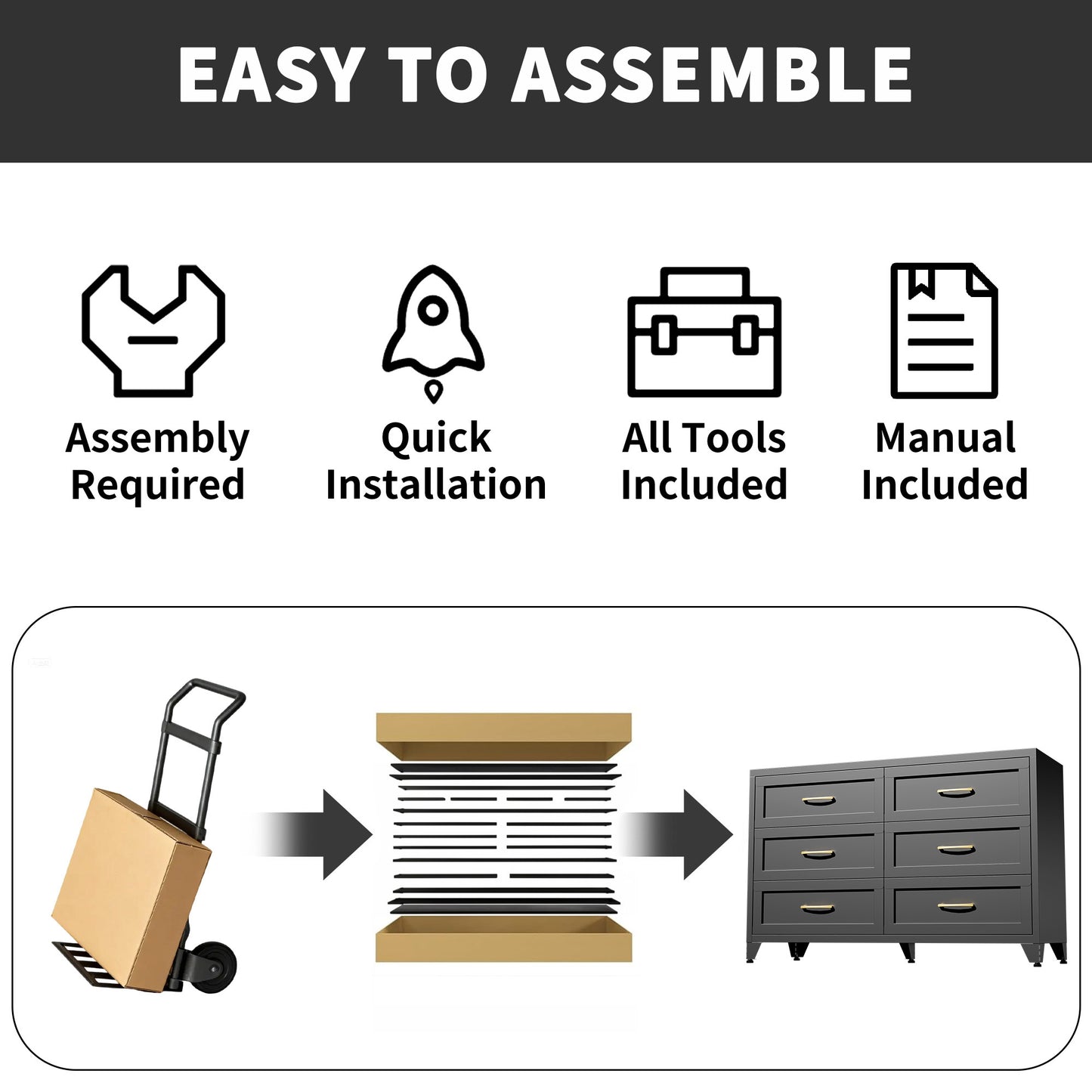 VIYET 6-Drawer Black Dresser for Bedroom, Low-Profile Chest of Drawers with Smooth-Glide Storage