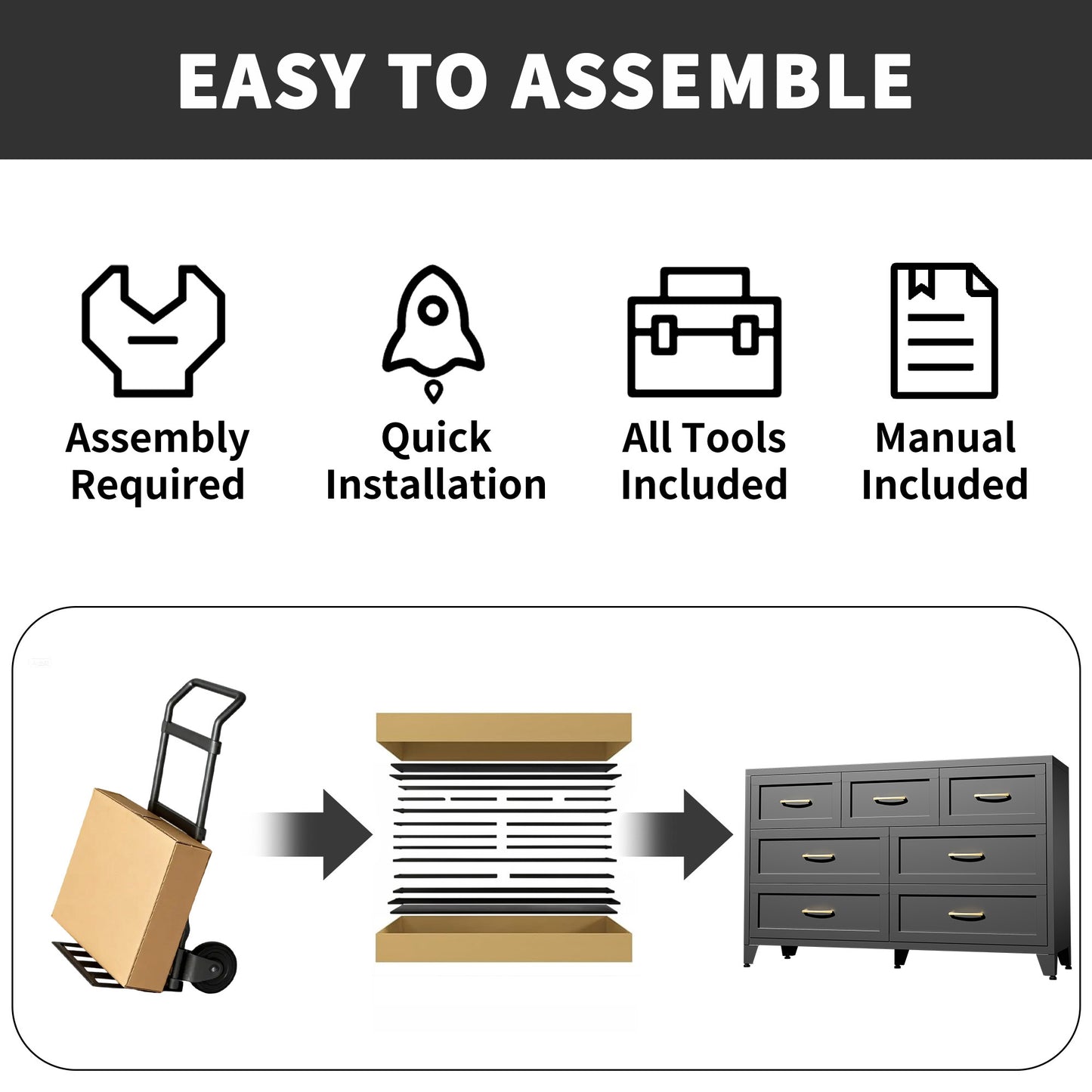 VIYET 7-Drawer Black Dresser, Wide Low-Profile Bedroom Storage Chest with Smooth-Glide Drawers