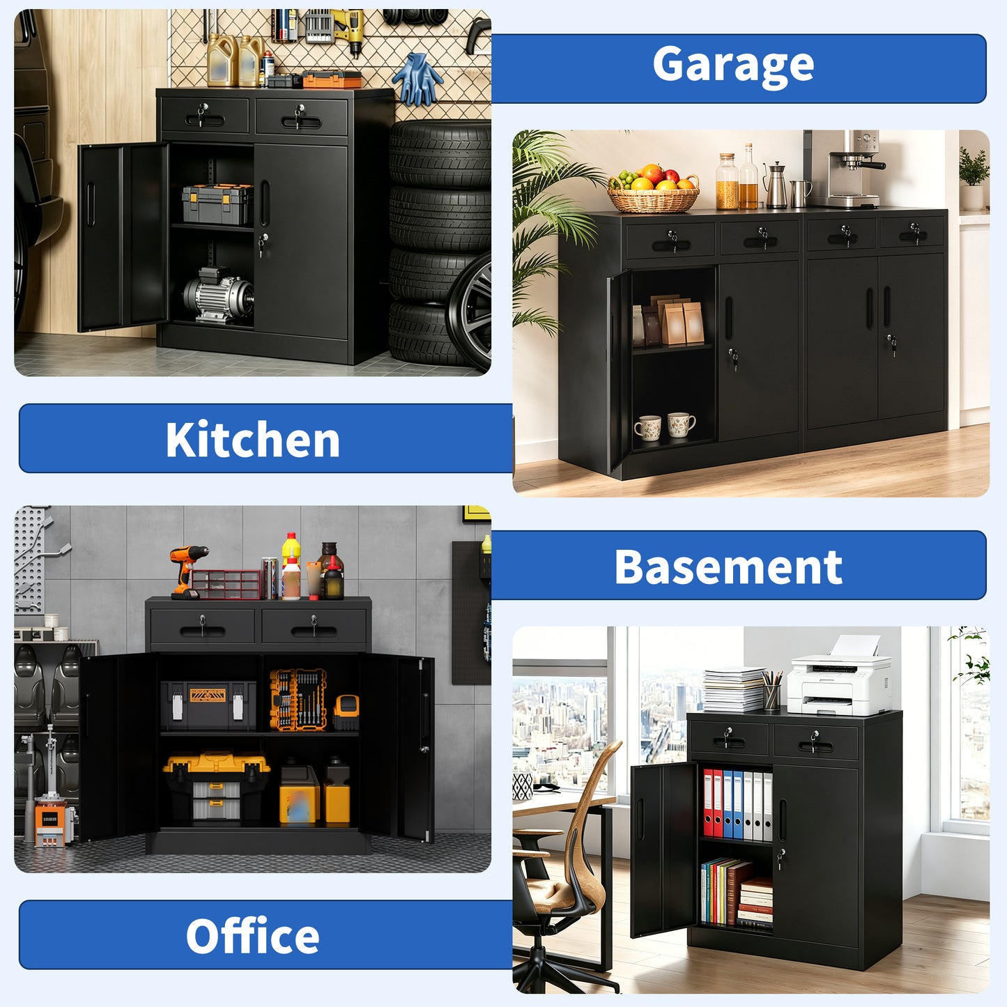 VIYET 35" Metal Storage Cabinet with Lock & 2 Drawers, Locking Steel Office File Cabinet with Adjustable Shelf for Home, Garage & School