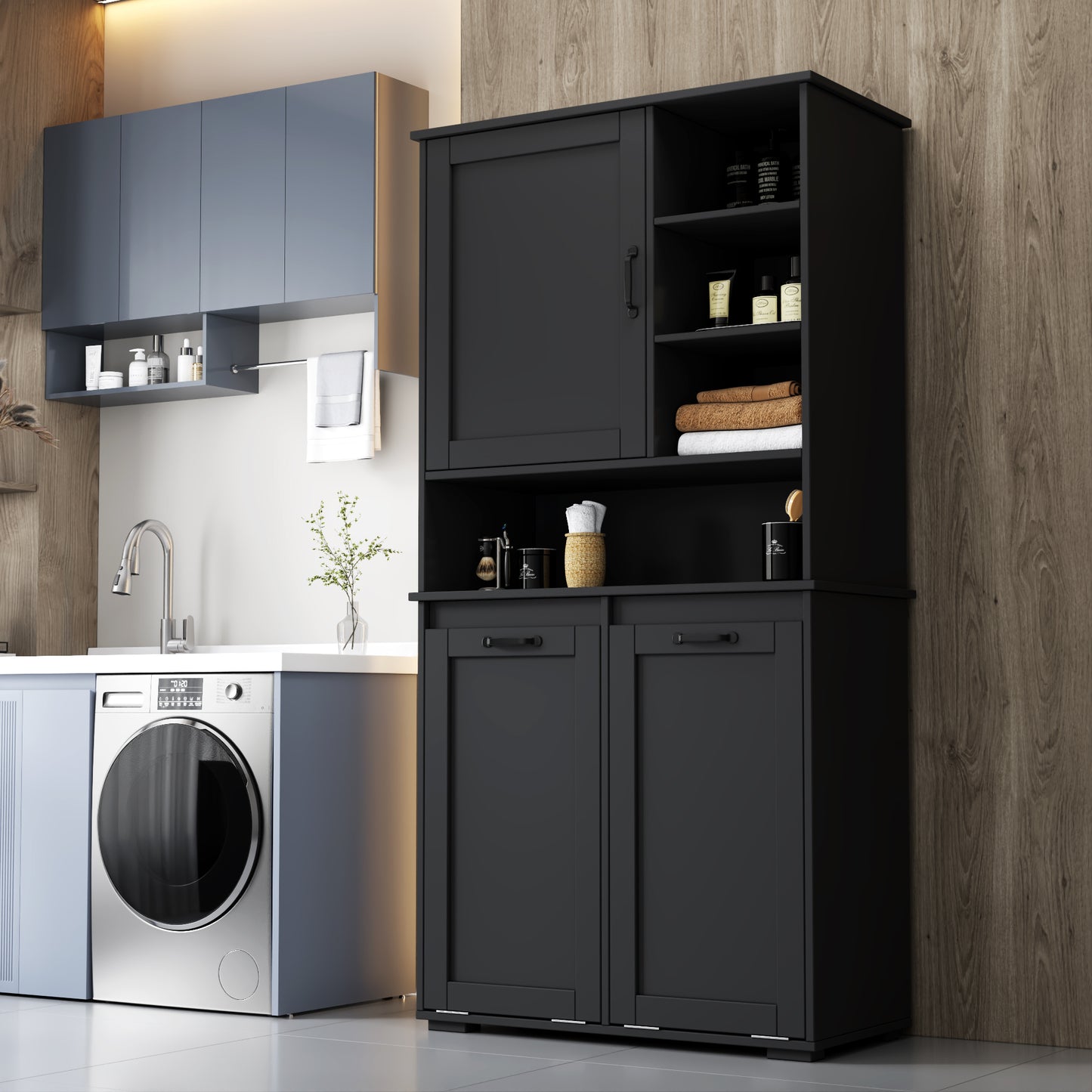 VIYET 63" black Freestanding Laundry Cabinet - Particle Board+MDF, Tilt-Out Hamper, Adjustable Shelves & Multiple Storage