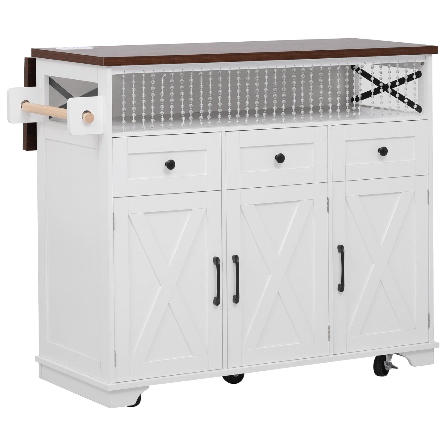 VIYET 39" K&K Farmhouse Rolling Kitchen Island, White MDF Cart w/ Bead Drape, Power Outlet & Drop Leaf (3 Doors+3 Drawers+Internal Iron Shelf)