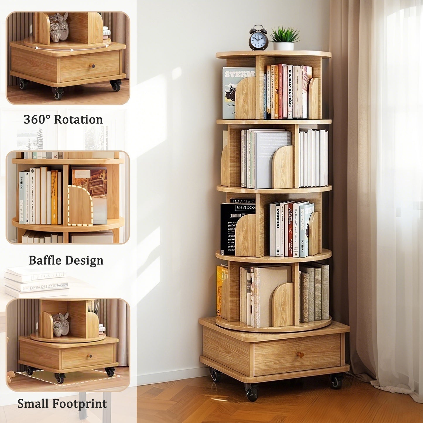 VIYET 56" 5-Tier 360° Rotating Bookshelf, Oak MDF Tower w/ Wheels & Drawer (Space-Saving Storage for Home/Office)