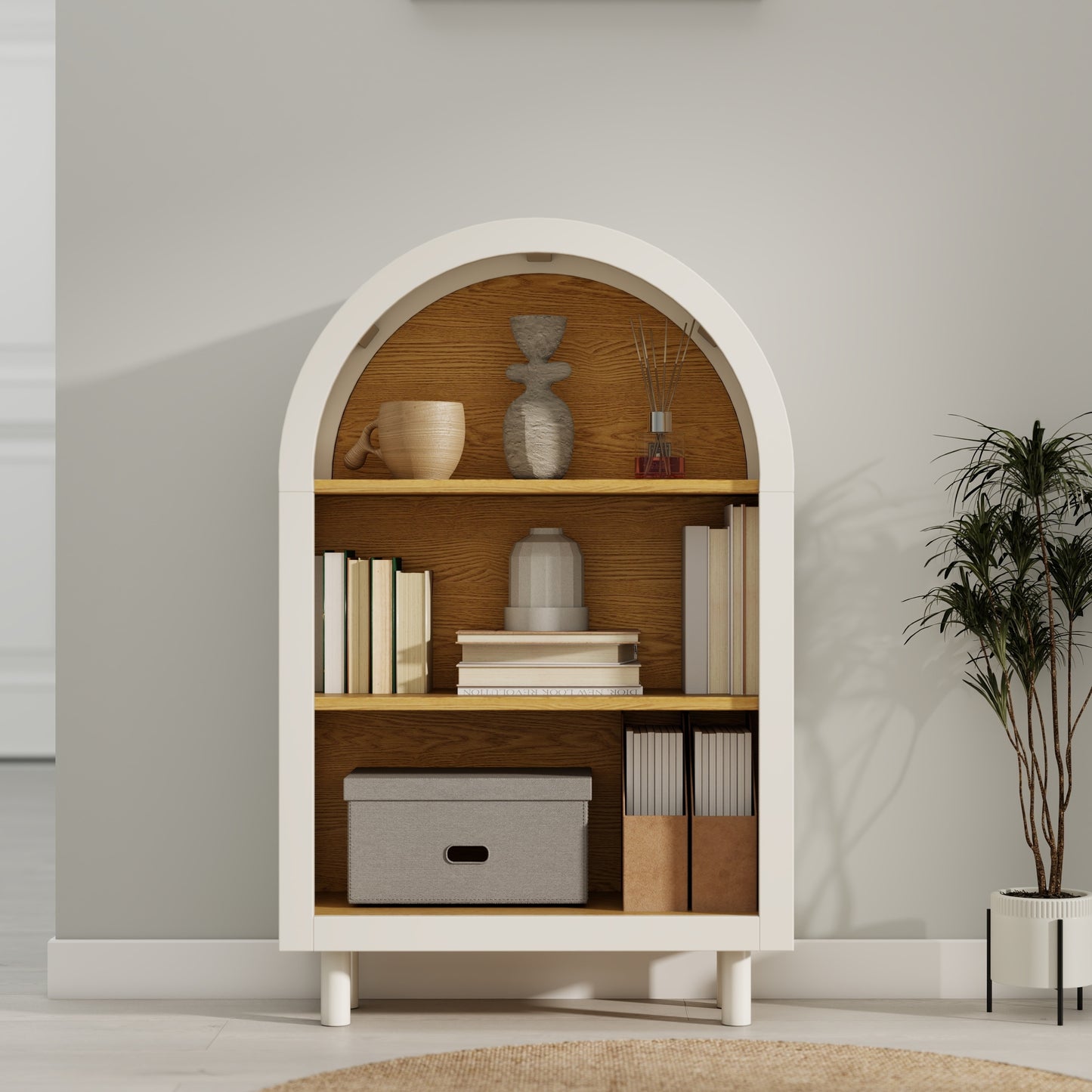 VIYET 3-Tier Arched Top Small Bookcase, White & Oak Woodgrain Modern Storage Cabinet, Engineered Wood Open Shelf for Living Room Bedroom Entryway
