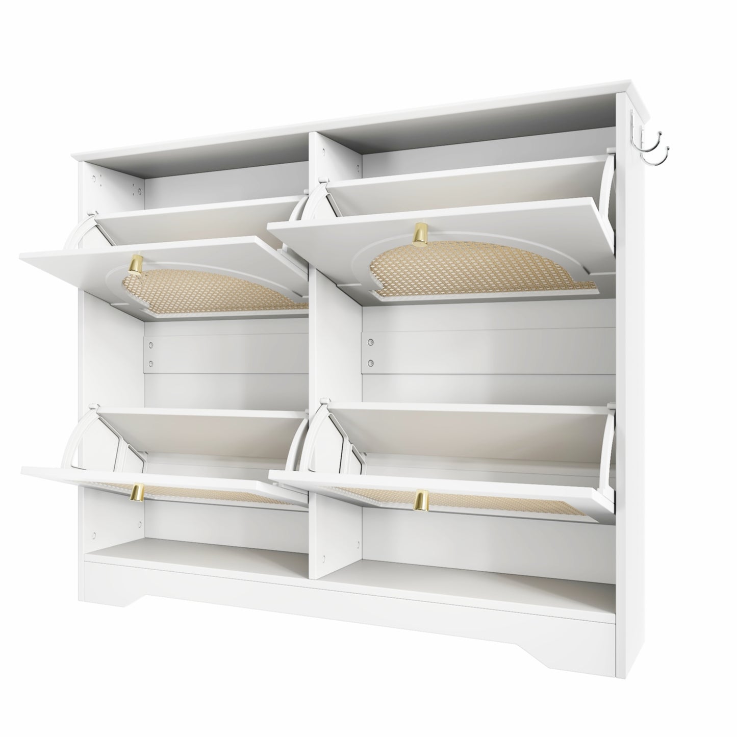 VIYET 35" Mid-Century Narrow Shoe Cabinet, MDF Organizer w/ 4 Rattan Flip Drawers &2 Silver Hooks,Black+white