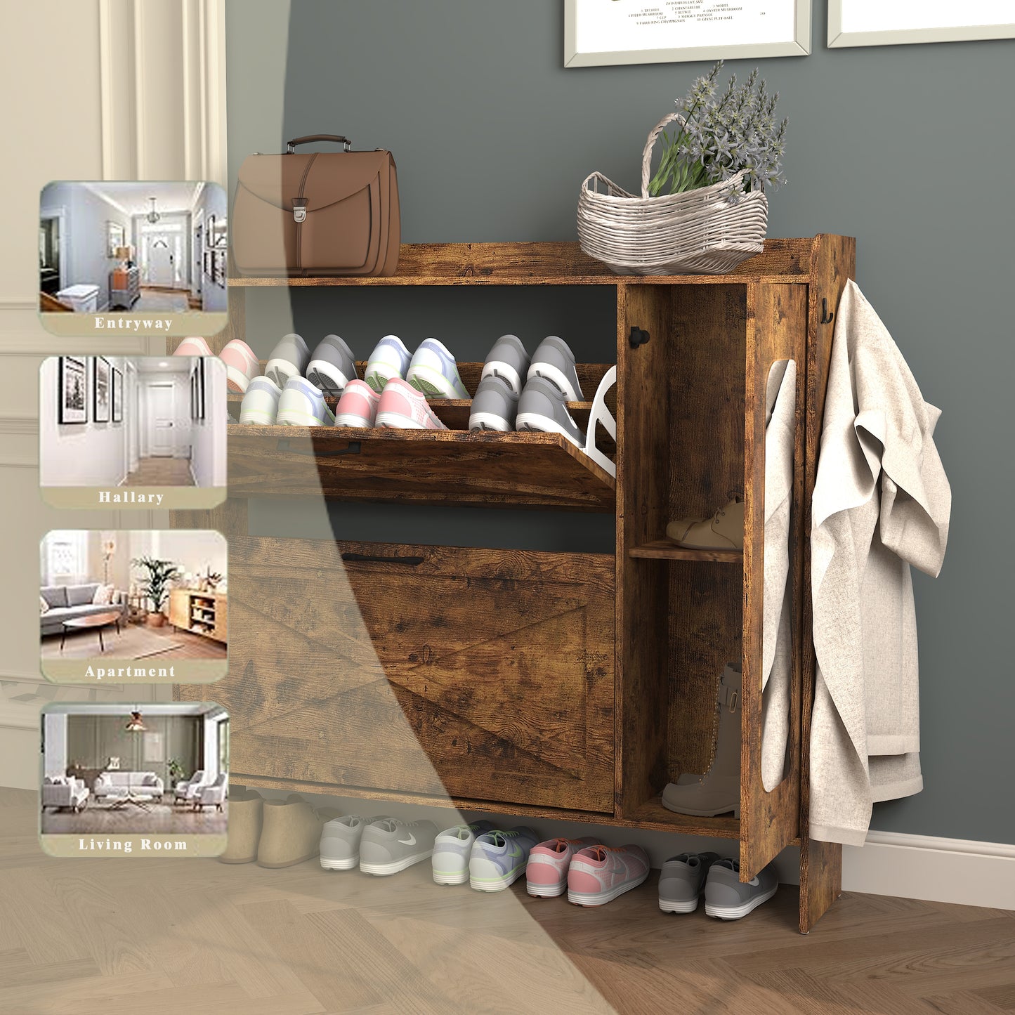 VIYET 41" Rustic Brown Freestanding Shoe Cabinet - MDF, 2 Flip Drawers & Mirror Doors, Narrow Entryway Storage, Customizable