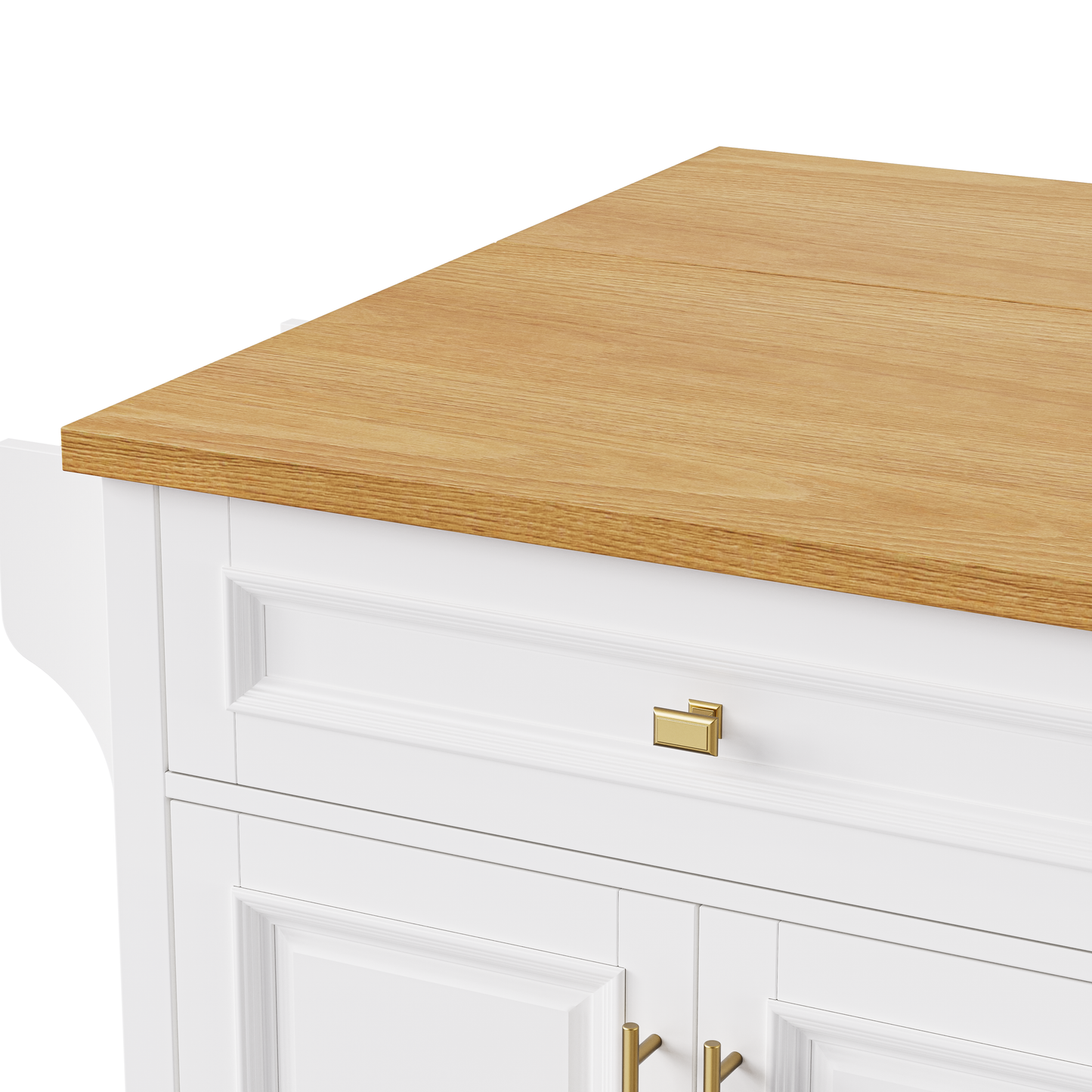 VIYET 36" K&K Kitchen Island with Drop Leaf, White MDF Storage Cart w/ Oak Veneer Top (2 Doors+5 Drawers+Adjustable Shelf)