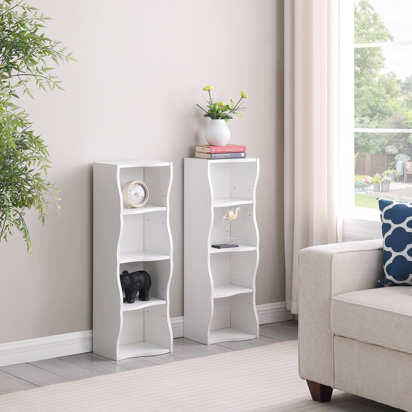 VIYET 71" 8-Tier Ultra-Thin Adjustable Bookshelf,White MDF Display Rack w/ Wavy Border (Detachable Home Office Organizer)