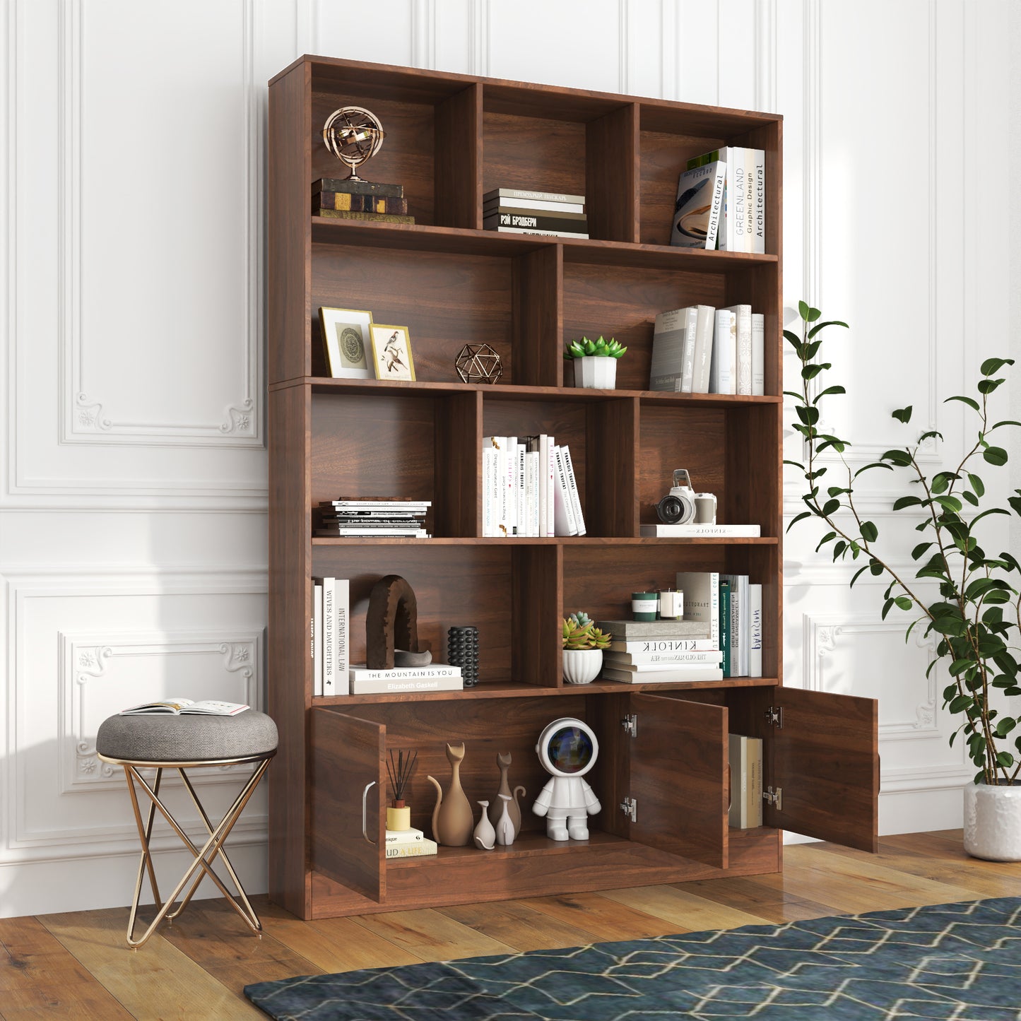 VIYET 71" 4-Tier Cube Bookshelf with 3 Doors, Walnut Particle Board Storage Organizer (10 Cubes Open Shelf Bookcase for Living Room & Office)