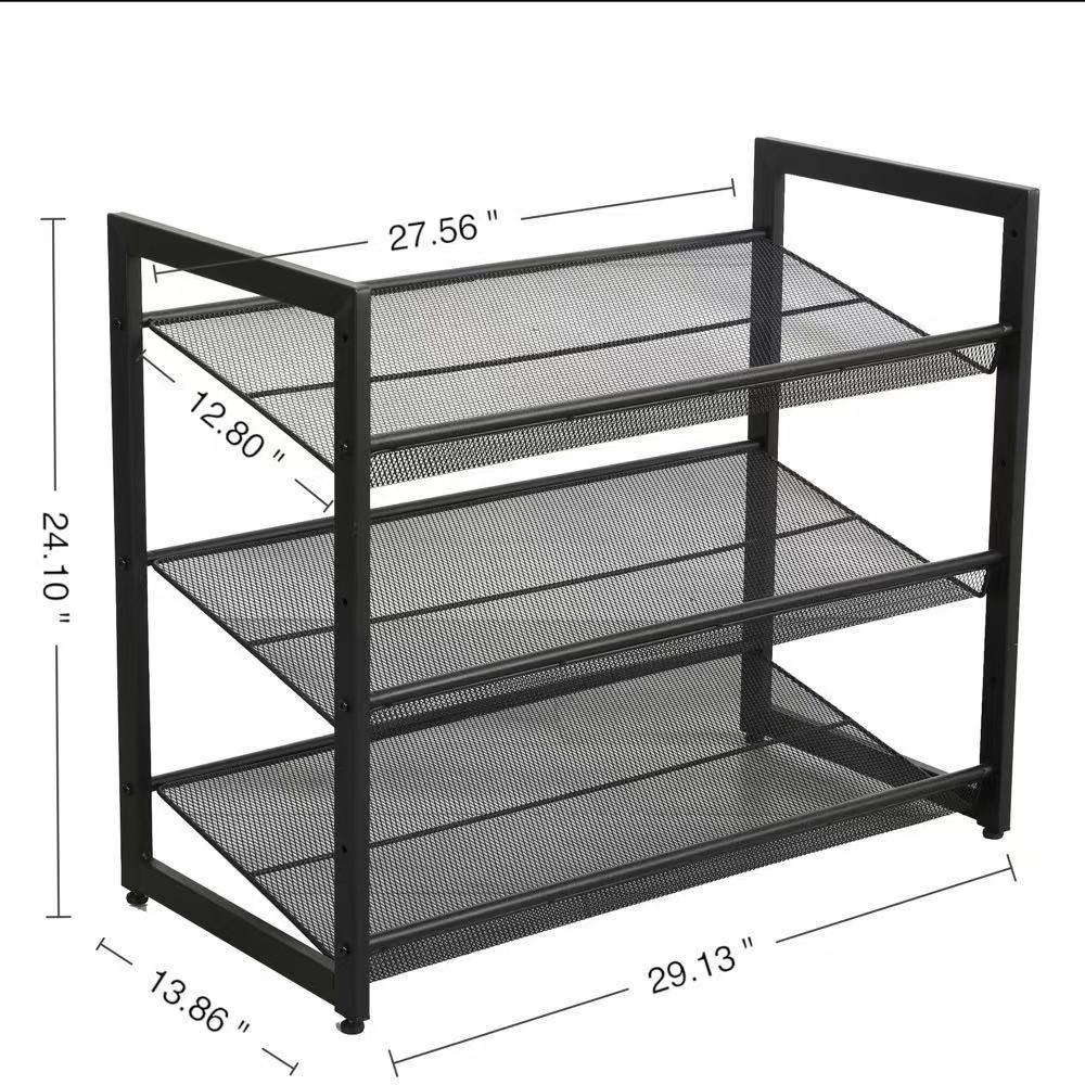 VIYET 24" Black 3-Tier Adjustable Metal Shoe Rack, Freestanding Storage Organizer with 4 Non-Slip End-Caps for Entryway, Front Door Entrance