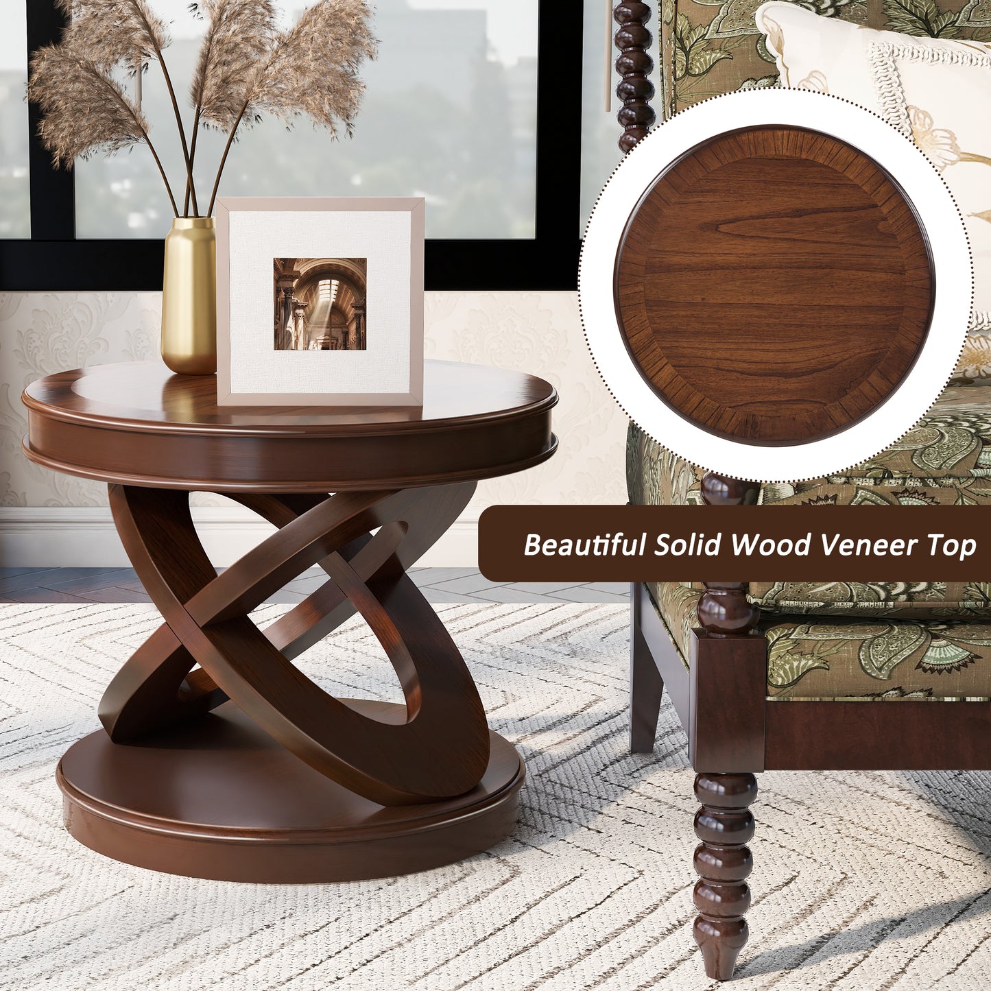 VIYET 20" Retro Round Wooden End Table - X-Shape Base, Solid Wood Veneer, Walnut