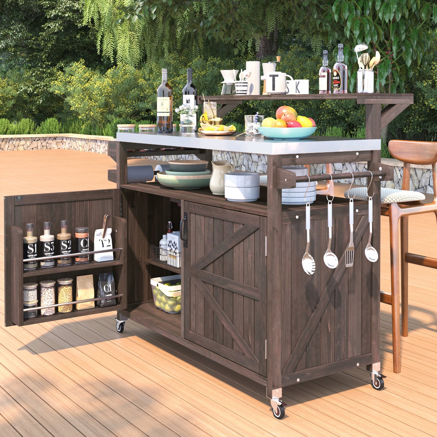 VIYET 43" K&K Outdoor Kitchen Island, Brown Solid Wood Grill Cart w/ Stainless Steel Top (Raised Shelf+Adjustable Storage Rack)