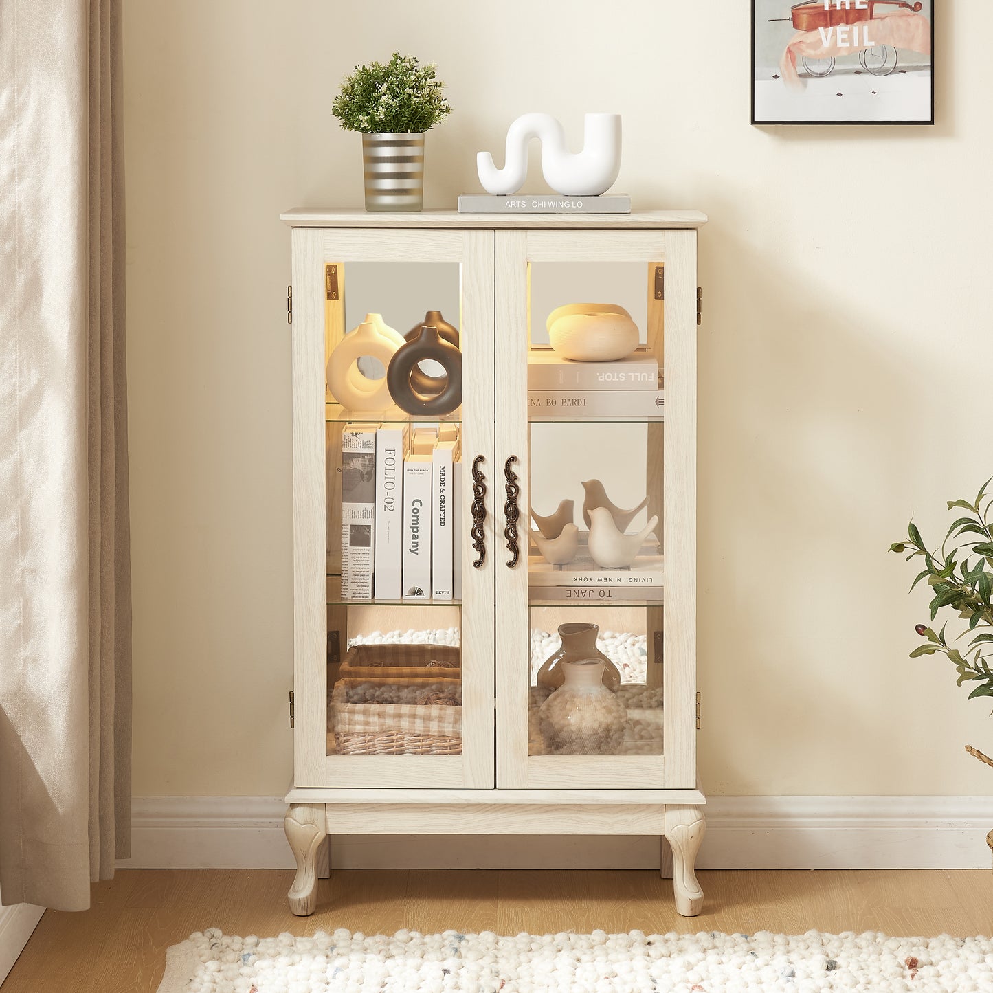 VIYET 44" Lighted Curio Cabinet, White MDF+Glass Display w/ Tempered Glass Doors & Adjustable Shelves (Mirrored Back, Bulb Included)