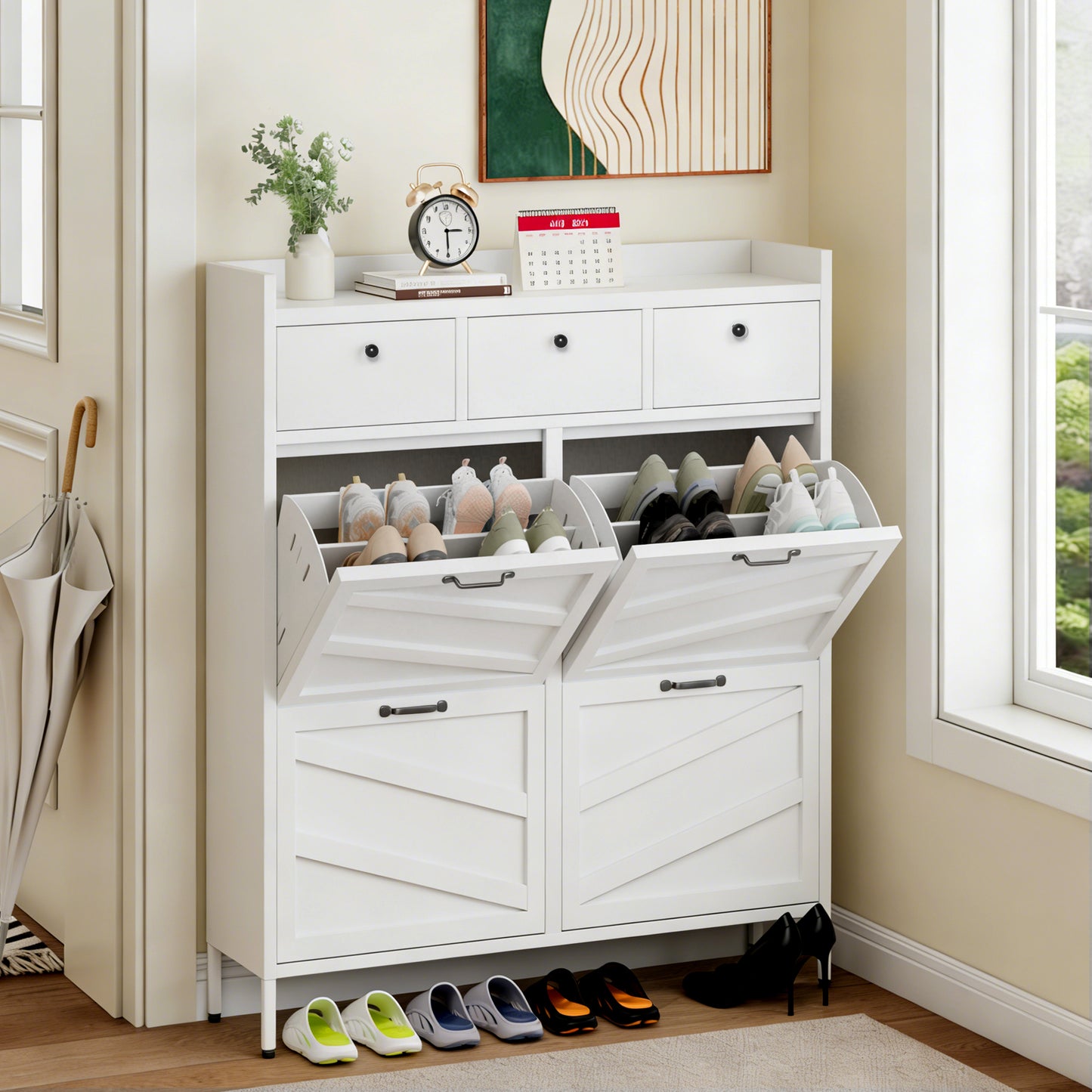 VIYET 43" Slim Metal Shoe Cabinet, White Steel Organizer w/ 4 Flip & 3 Drawers (Anti-Tip Hidden Entryway Storage)