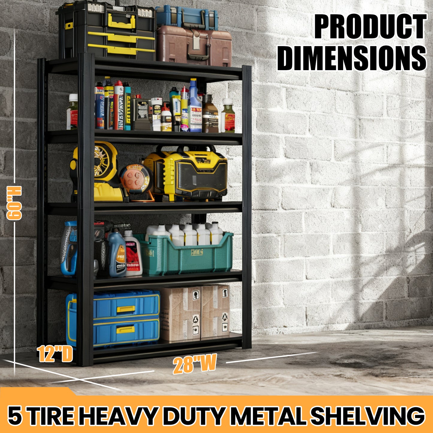 VIYET 5-Tier Heavy Duty Storage Shelves, 1500LBS Adjustable Metal Garage Shelving Unit, Narrow Utility Rack