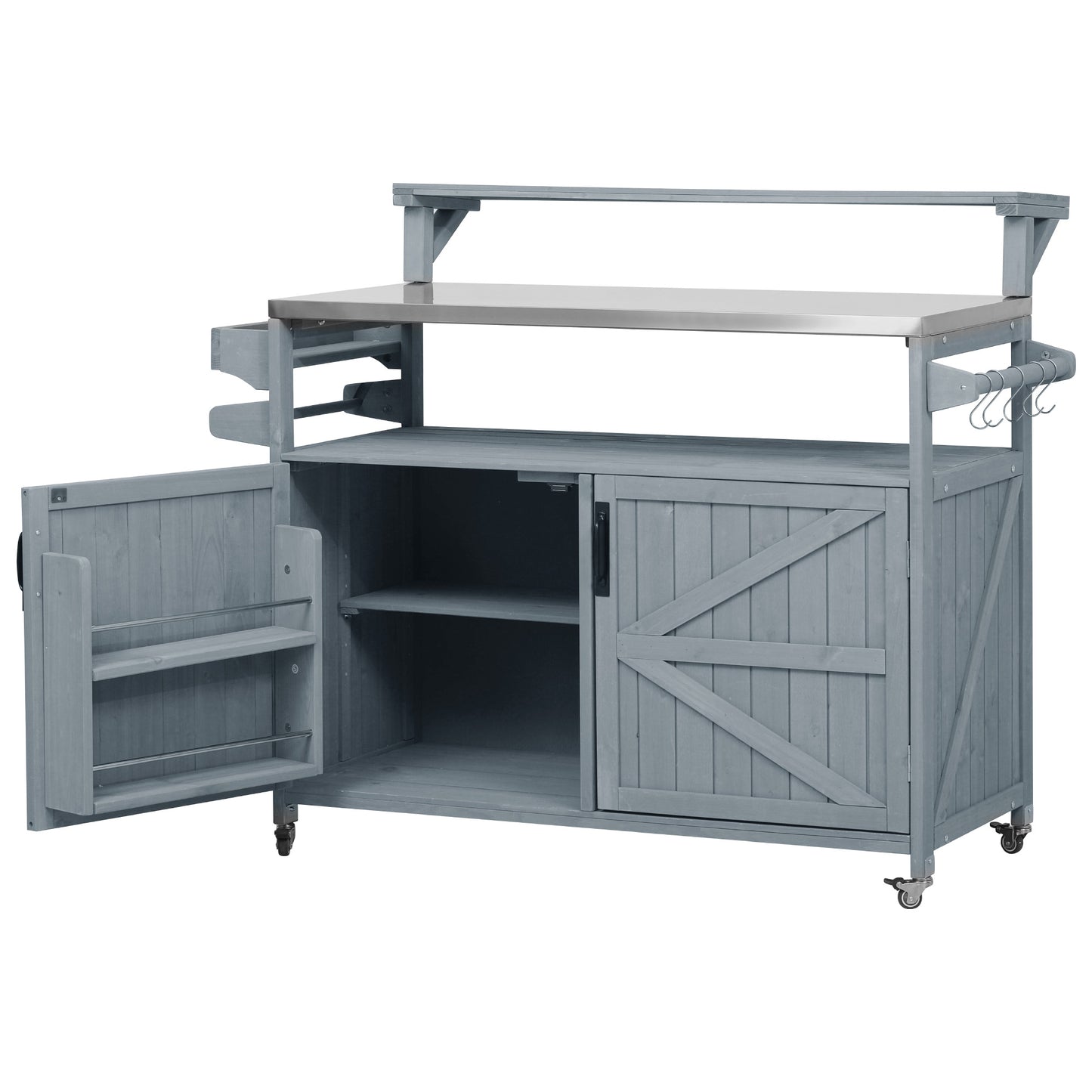 VIYET 43" K&K Outdoor Kitchen Island, Grey-Blue Solid Wood Grill Cart w/ Stainless Steel Top (Raised Shelf+Adjustable Storage Rack)