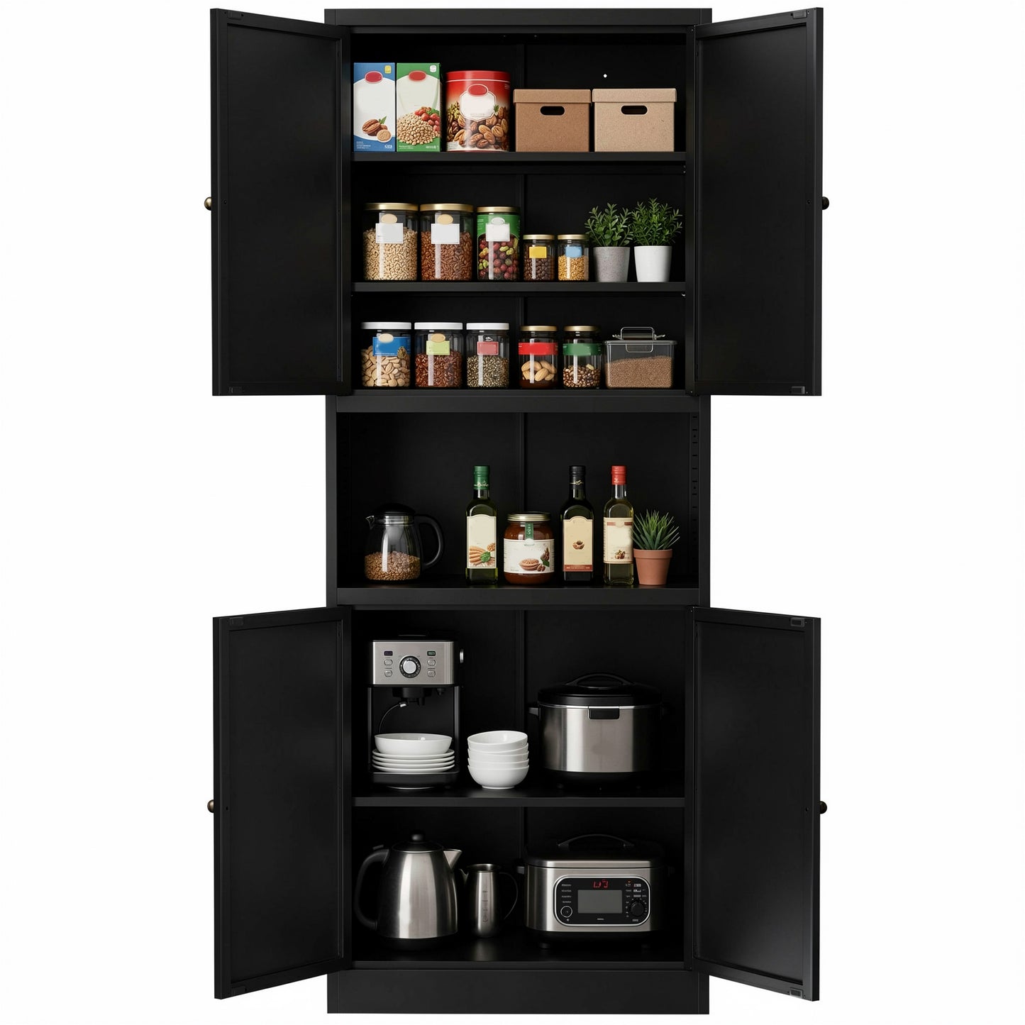 VIYET 72" Black Metal Kitchen Pantry Cabinet with Large Countertop, Adjustable Shelves & Hooks, Freestanding Coffee Bar Storage Cabinet