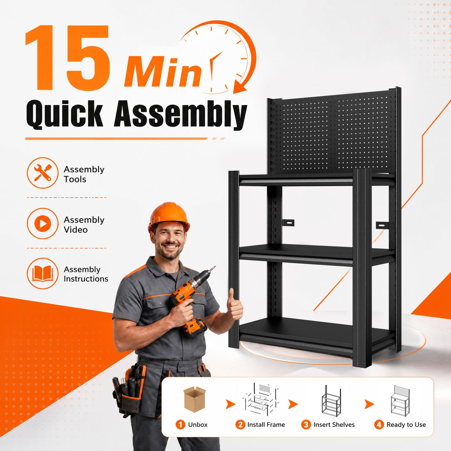 VIYET 3-Tier Metal Storage Shelf with Pegboard, 660 lbs Capacity, Adjustable Garage Shelving Rack for Tools, Workshop, Basement & Utility Room