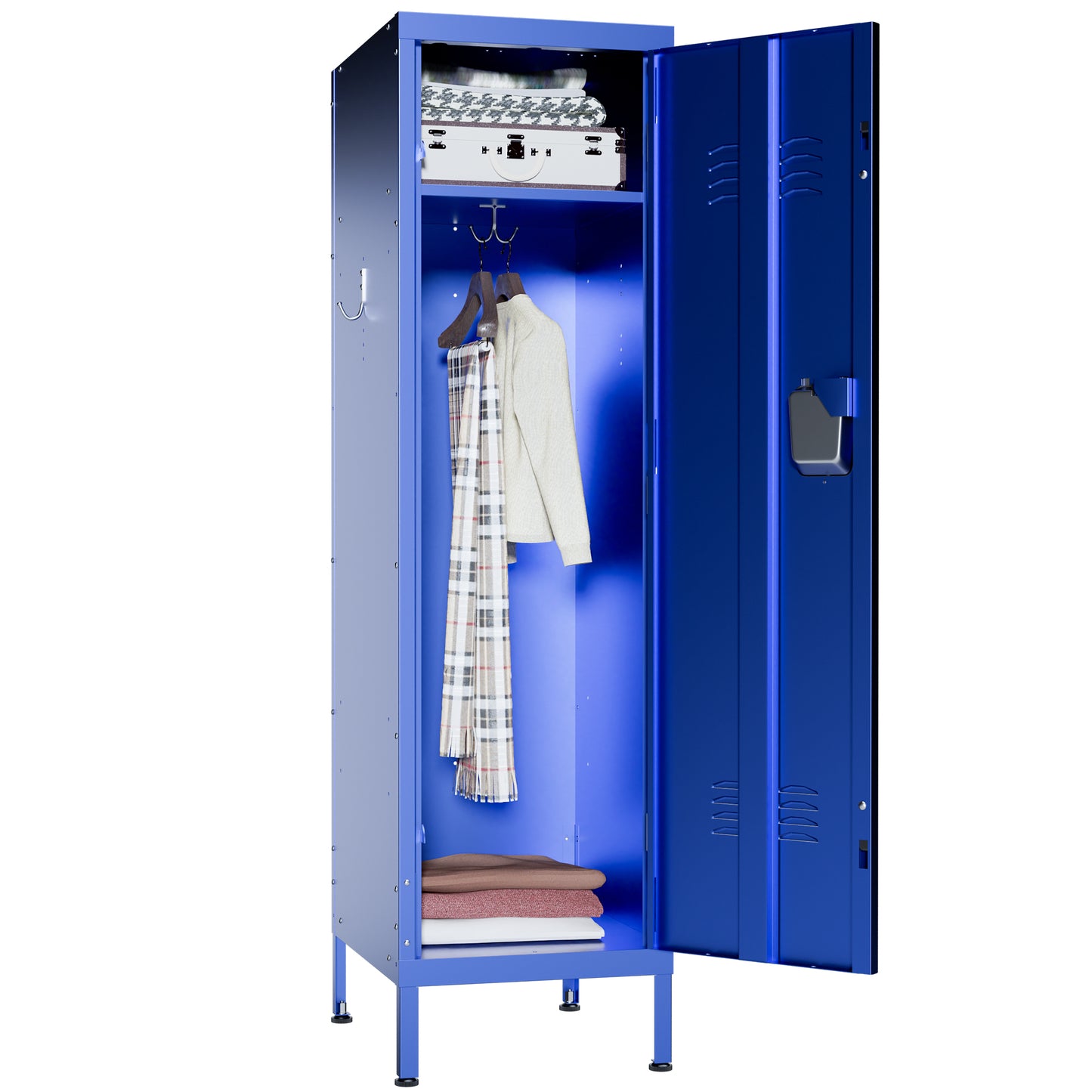 VIYET 55" Blue Metal Wardrobe Cabinet, Slim Steel Clothing Storage Locker with Lock, Ventilated Door, Side Hooks & Anti-Tip Design for Bedroom & Home Office