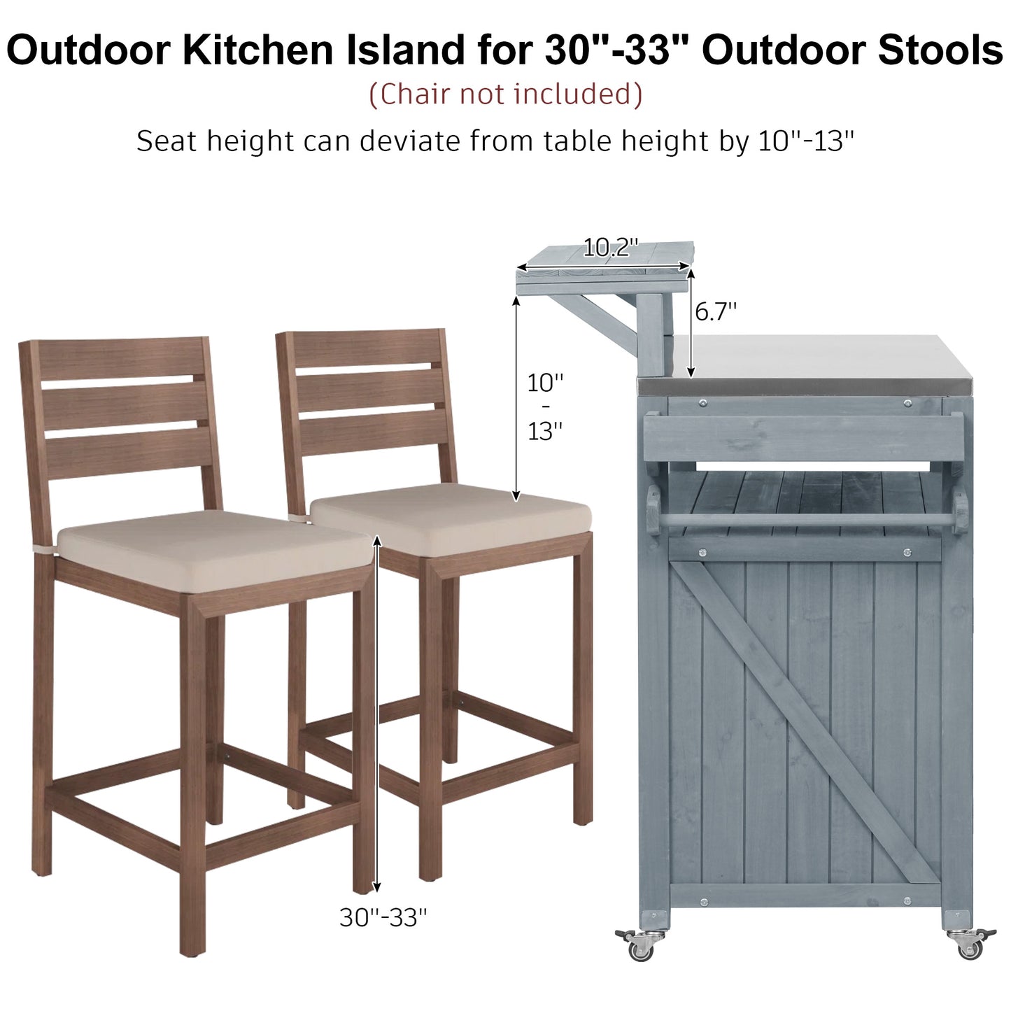 VIYET 43" K&K Outdoor Kitchen Island, Grey-Blue Solid Wood Grill Cart w/ Stainless Steel Top (Raised Shelf+Adjustable Storage Rack)