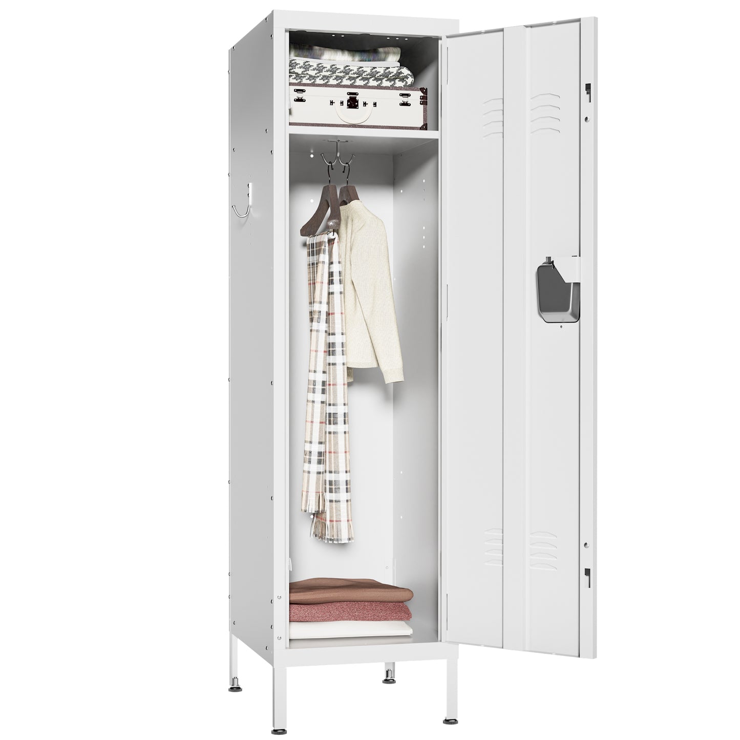VIYET 55" White Metal Wardrobe Cabinet, Narrow Steel Clothing Storage with Lock & Ventilated Door, Side Hooks, Freestanding Closet for Bedroom & Small Apartment