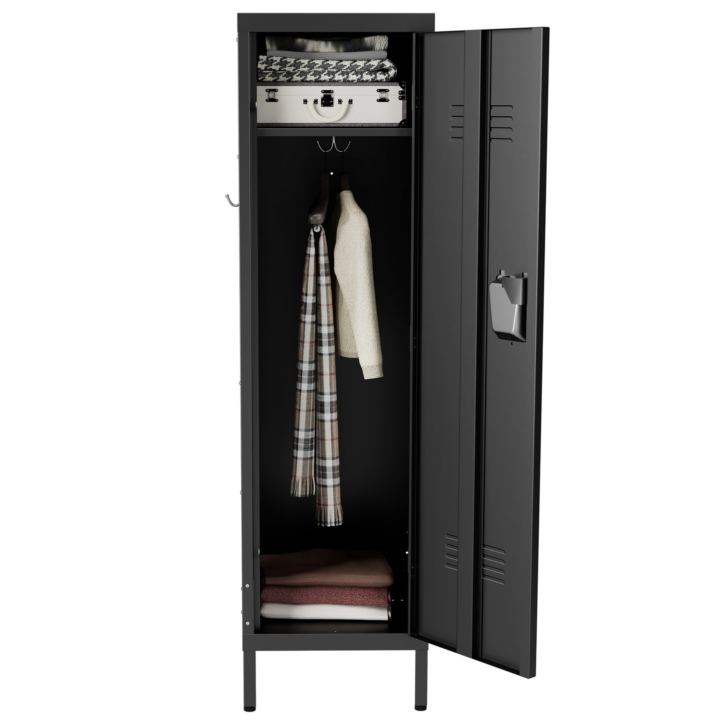 VIYET 55" Metal Wardrobe Cabinet, Narrow Steel Clothing Storage with Lock, Ventilated Door & Side Hooks, Bedroom Closet for Small Spaces, Black