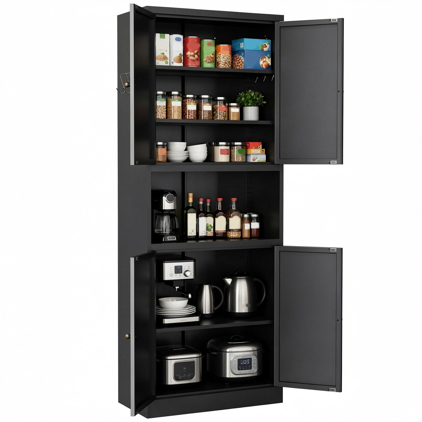 VIYET 72" Black Metal Kitchen Pantry Cabinet with Large Countertop, Adjustable Shelves & Hooks, Freestanding Coffee Bar Storage Cabinet