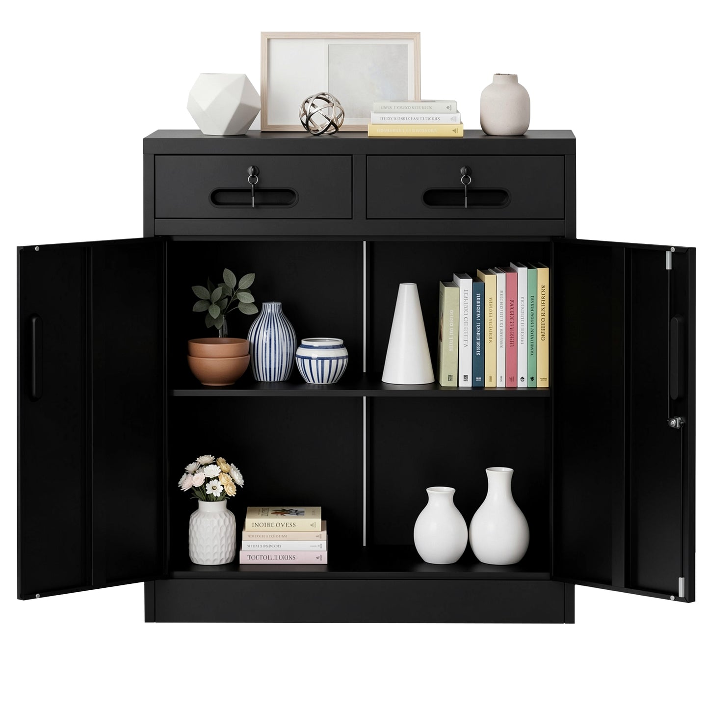 VIYET 35" Metal Storage Cabinet with Lock & 2 Drawers, Locking Steel Office File Cabinet with Adjustable Shelf for Home, Garage & School
