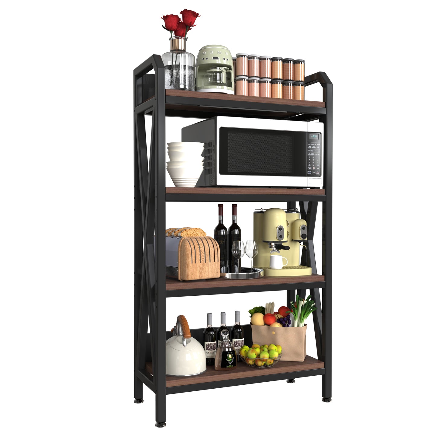VIYET 56.3"H 4-Level Bakers Rack, Metal & Wooden Kitchen Storage Shelf (Adjustable Multi-Scene Organizer for Garage/Pantry/Bathroom)