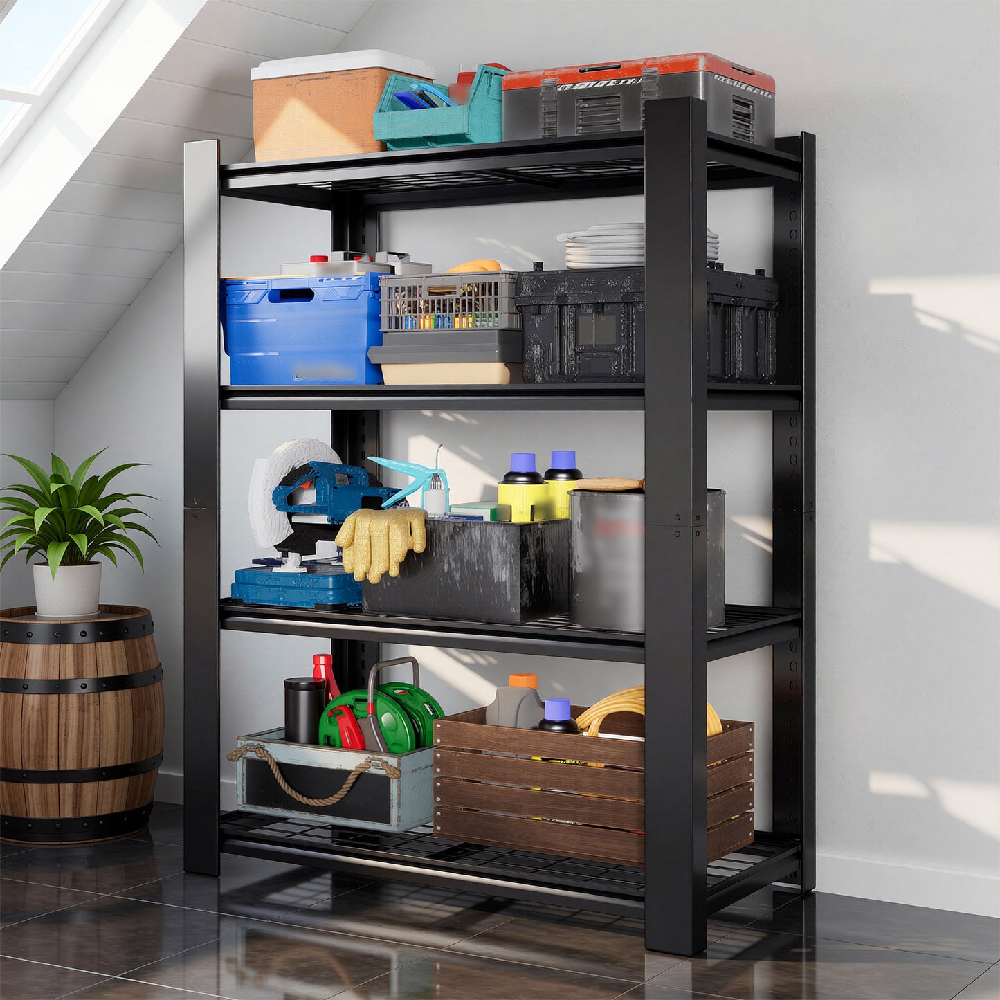 VIYET 60" H Heavy Duty Metal Shelving Unit, 4 Tier Adjustable Storage Rack with 2240 LBS Capacity, Garage Shelf Organizer for Pantry Kitchen Black