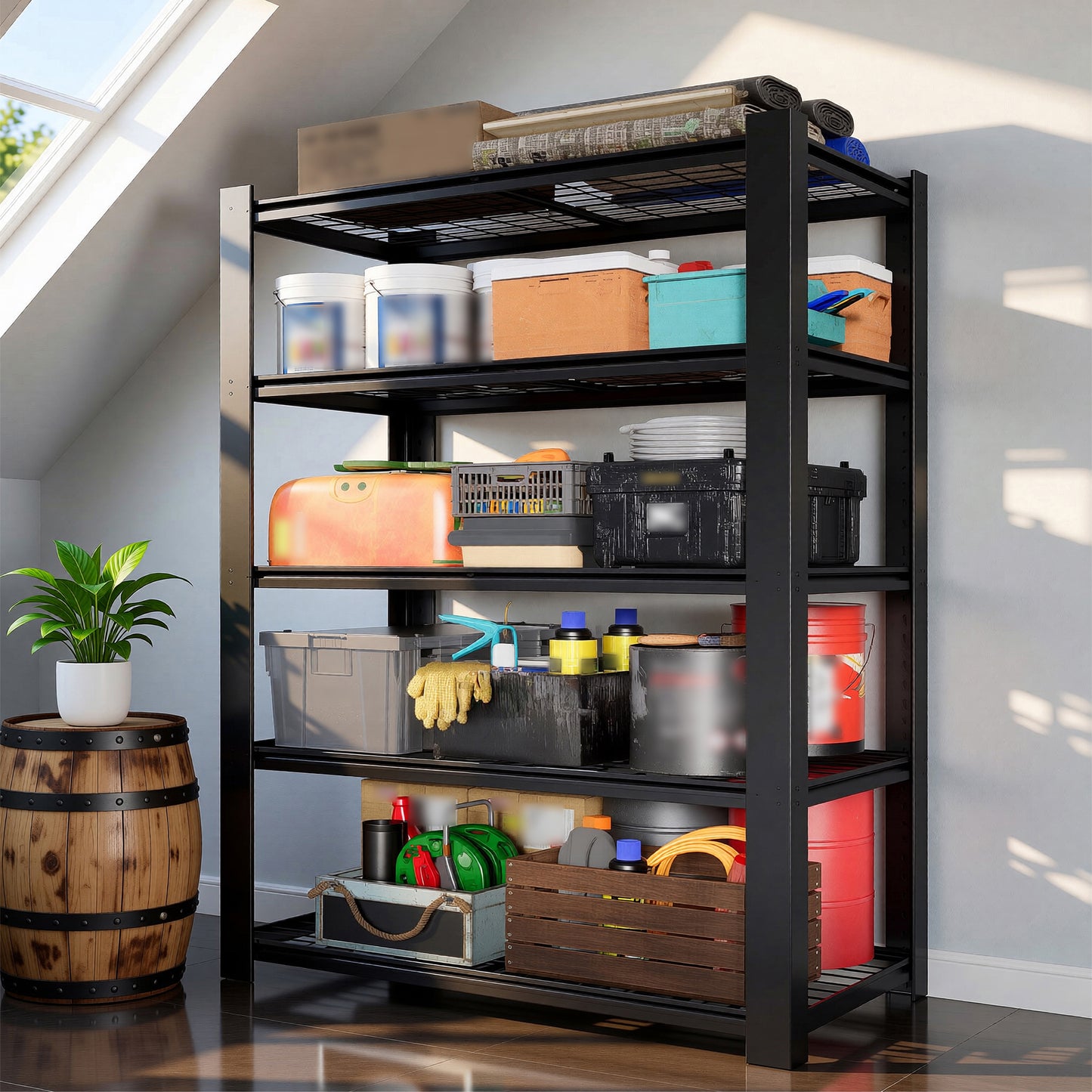 VIYET 72" H 5 Tier Heavy Duty Metal Garage Shelving Unit, Adjustable Industrial Storage Rack with 3000 lbs Capacity, Steel Shelf Organizer, 48"W x 23.6"D Black