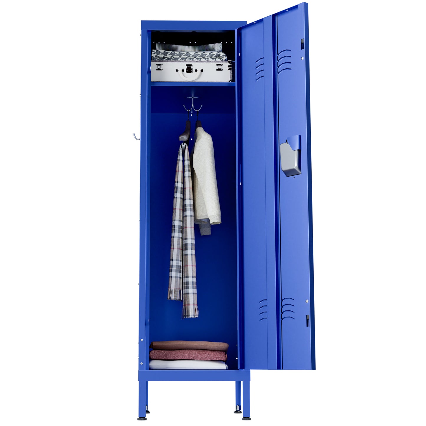 VIYET 55" Blue Metal Wardrobe Cabinet, Slim Steel Clothing Storage Locker with Lock, Ventilated Door, Side Hooks & Anti-Tip Design for Bedroom & Home Office