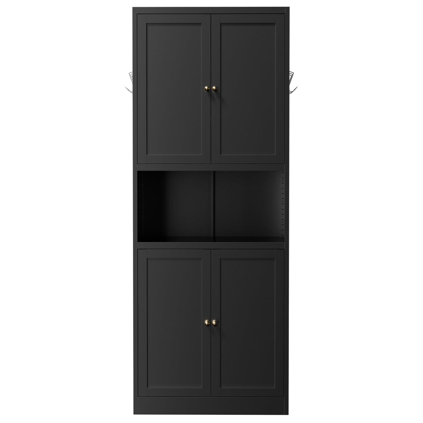 VIYET 72" Black Metal Kitchen Pantry Cabinet with Large Countertop, Adjustable Shelves & Hooks, Freestanding Coffee Bar Storage Cabinet