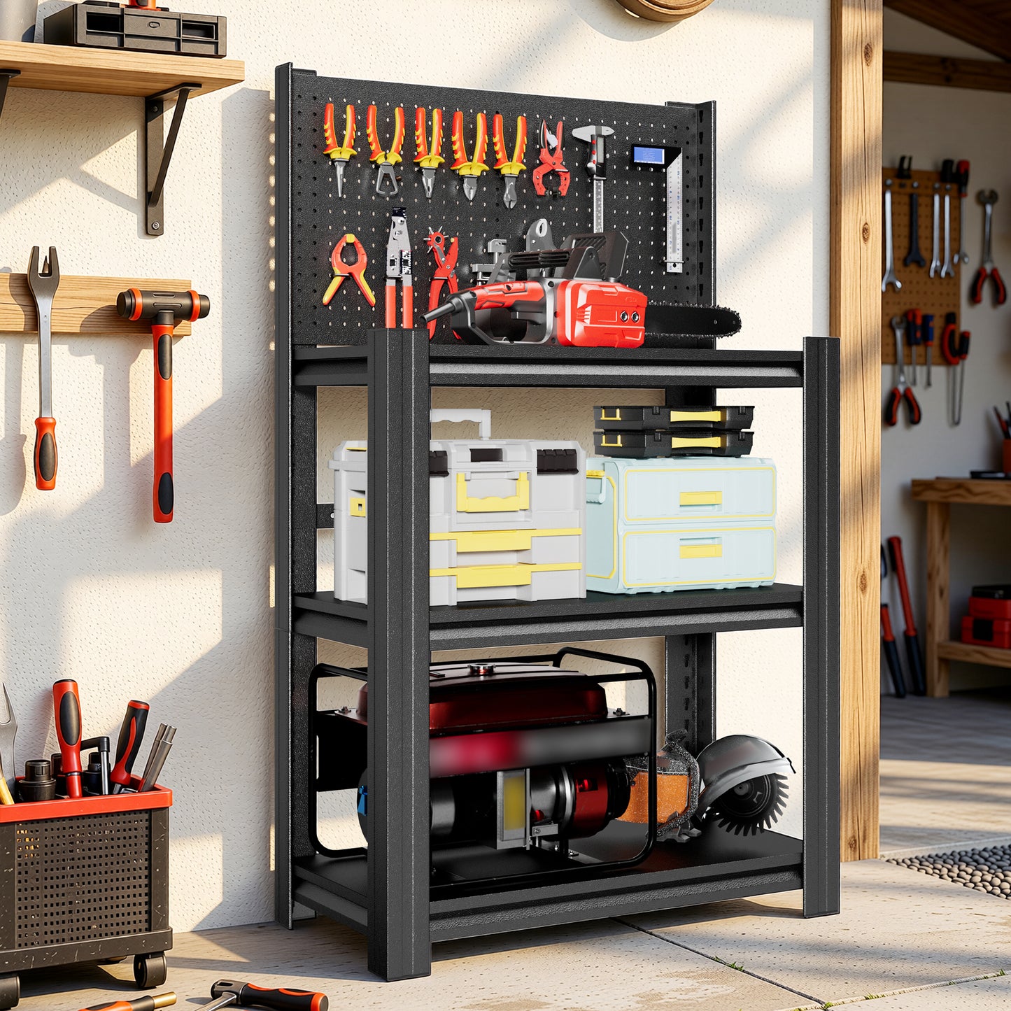 VIYET 3-Tier Metal Storage Shelf with Pegboard, 660 lbs Capacity, Adjustable Garage Shelving Rack for Tools, Workshop, Basement & Utility Room