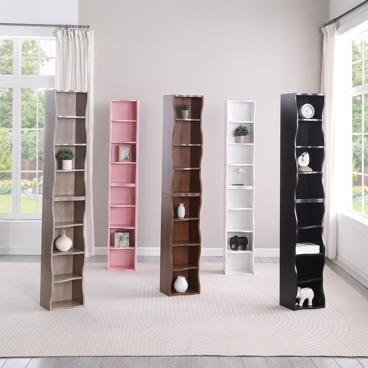VIYET 71" 8-Tier Ultra-Thin Adjustable Bookshelf,White MDF Display Rack w/ Wavy Border (Detachable Home Office Organizer)