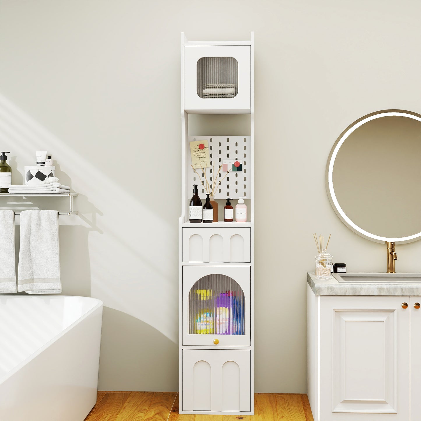 VIYET 71" Tall Narrow Storage Cabinet - White Particle Board+MDF, 1 Door & 2 Drawers, Kitchen Use