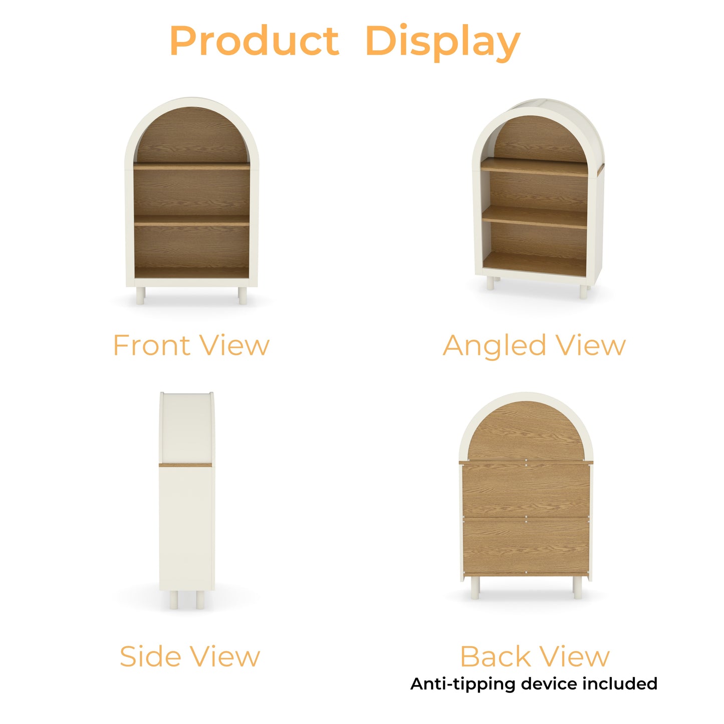 VIYET 3-Tier Arched Top Small Bookcase, White & Oak Woodgrain Modern Storage Cabinet, Engineered Wood Open Shelf for Living Room Bedroom Entryway